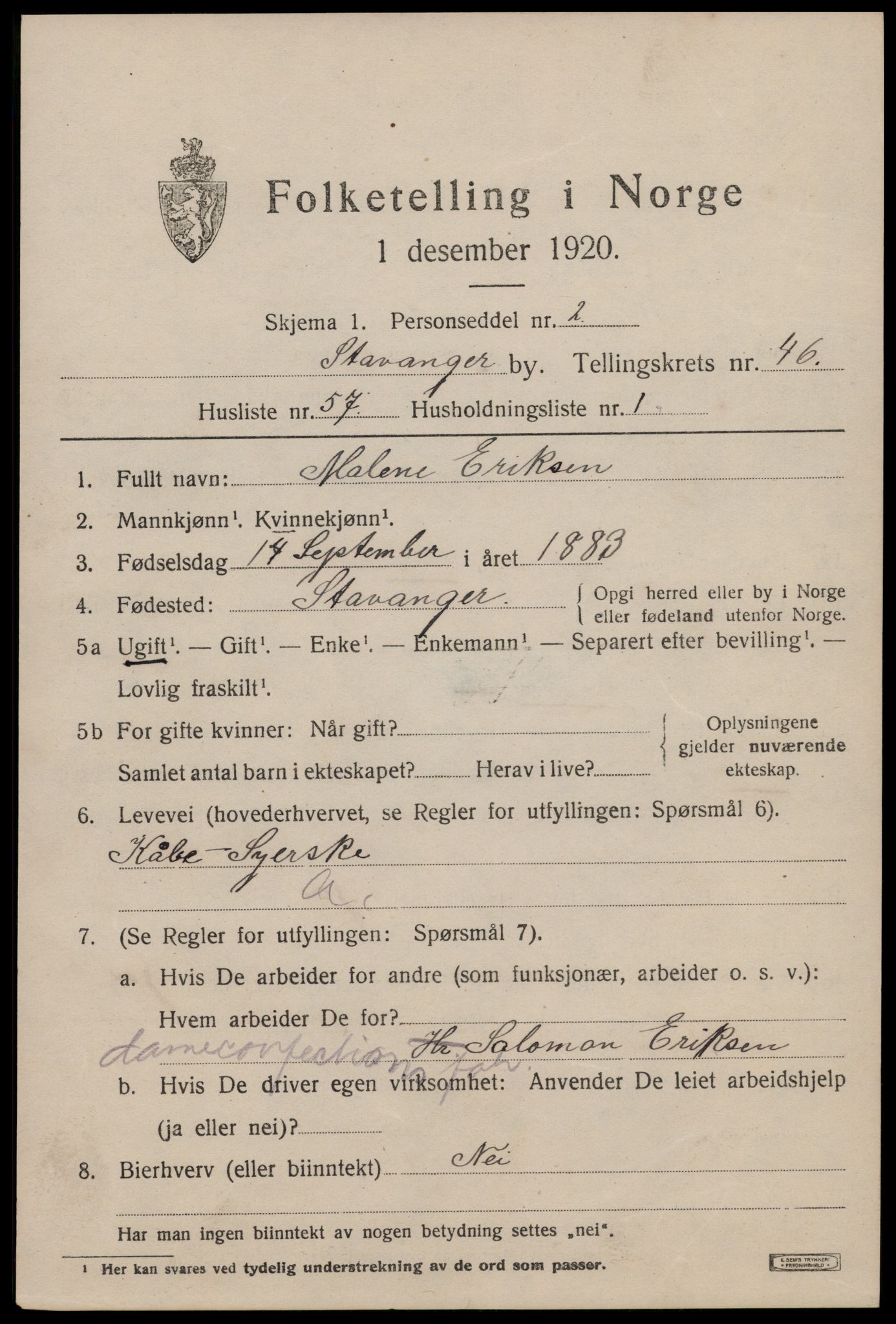 SAST, Folketelling 1920 for 1103 Stavanger kjøpstad, 1920, s. 113262