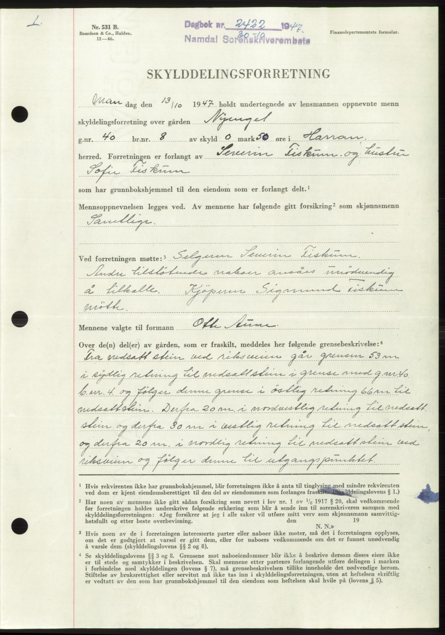 Namdal sorenskriveri, SAT/A-4133/1/2/2C: Pantebok nr. -, 1947-1947, Dagboknr: 2422/1947
