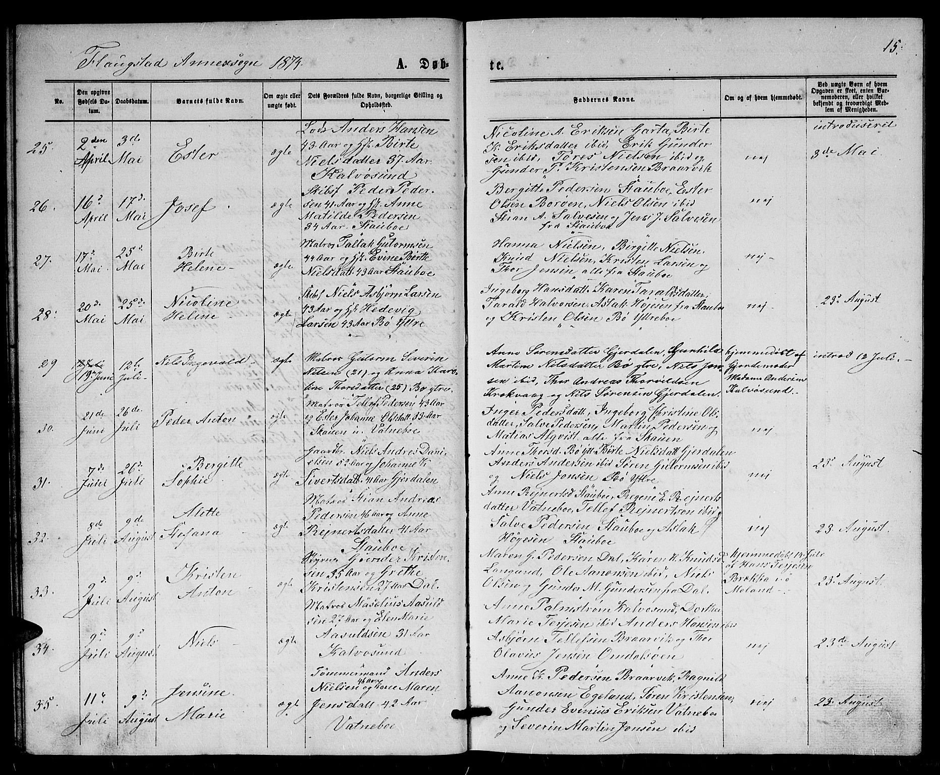 Dypvåg sokneprestkontor, AV/SAK-1111-0007/F/Fb/Fbb/L0003: Klokkerbok nr. B 3, 1872-1886, s. 15