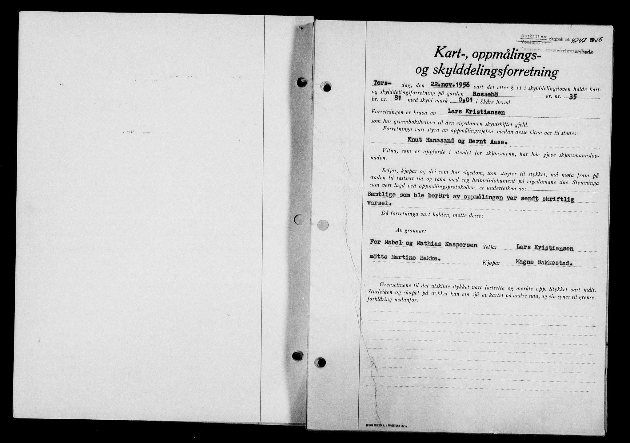 Karmsund sorenskriveri, SAST/A-100311/01/II/IIB/L0122: Pantebok nr. 102A, 1956-1956, Dagboknr: 4247/1956