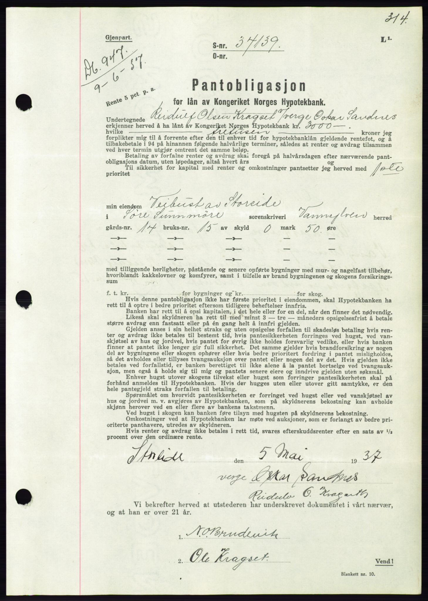 Søre Sunnmøre sorenskriveri, AV/SAT-A-4122/1/2/2C/L0063: Pantebok nr. 57, 1937-1937, Dagboknr: 947/1937