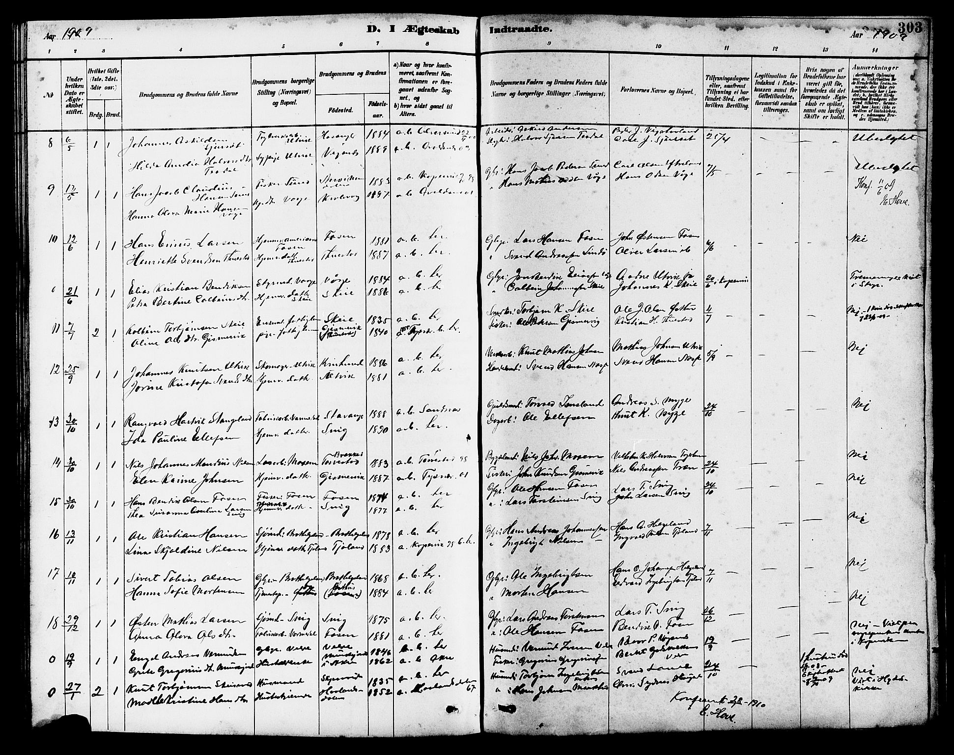 Avaldsnes sokneprestkontor, AV/SAST-A -101851/H/Ha/Hab/L0007: Klokkerbok nr. B 7, 1885-1909, s. 303