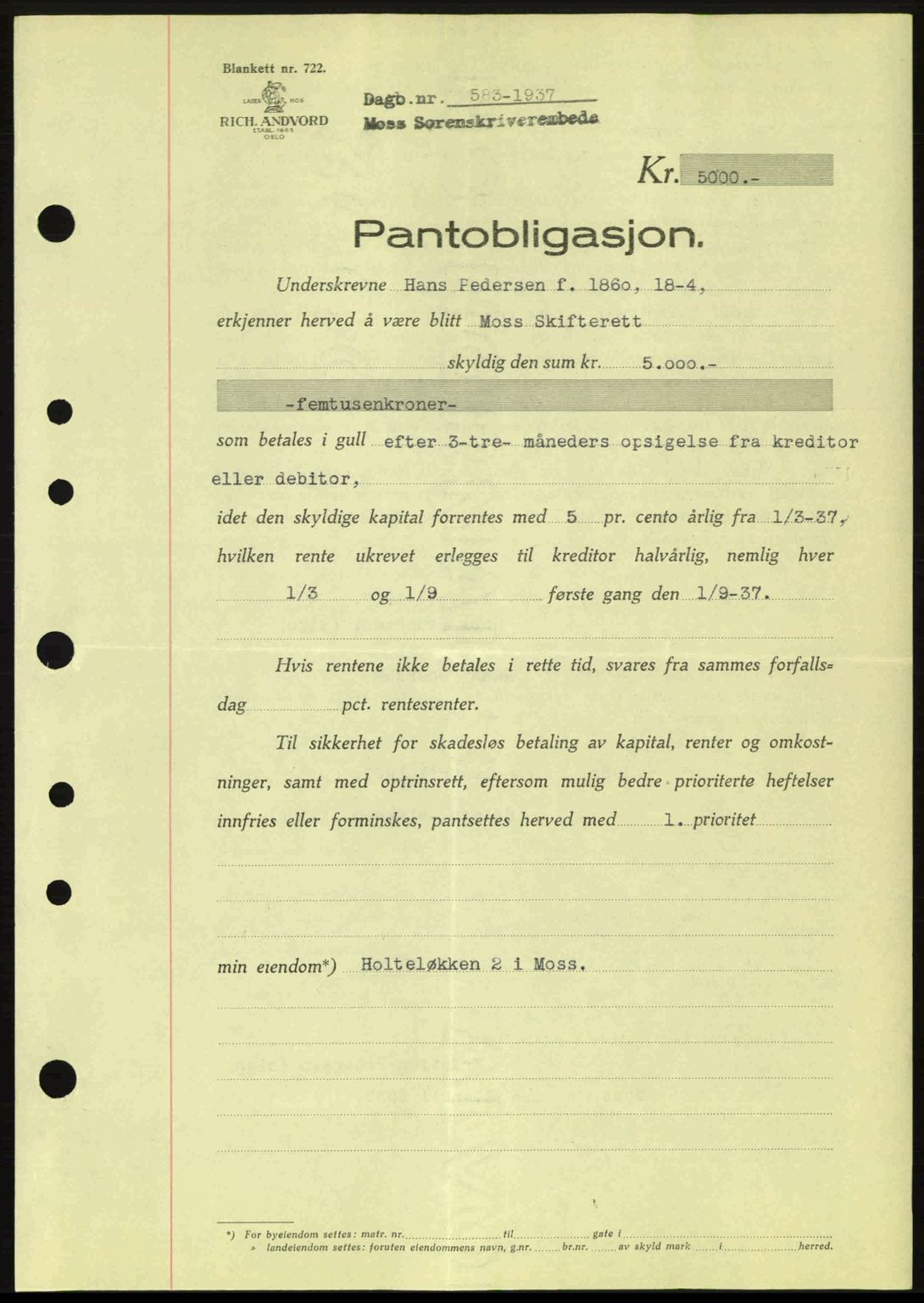 Moss sorenskriveri, SAO/A-10168: Pantebok nr. B3, 1937-1937, Dagboknr: 583/1937