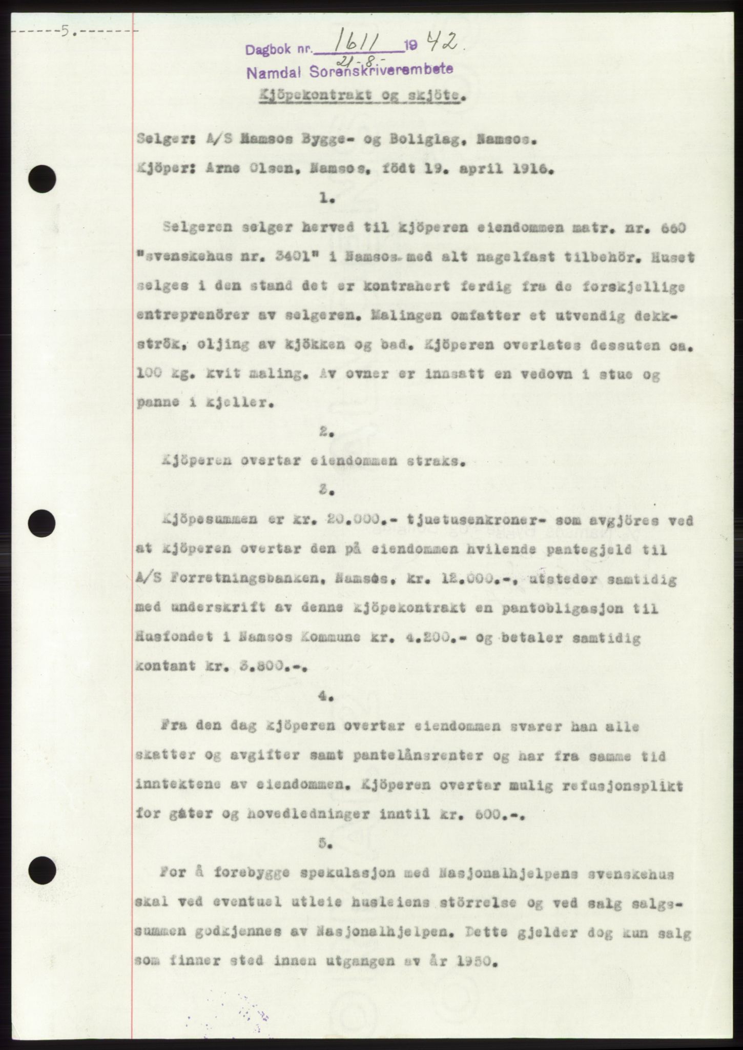 Namdal sorenskriveri, SAT/A-4133/1/2/2C: Pantebok nr. -, 1942-1943, Dagboknr: 1611/1942