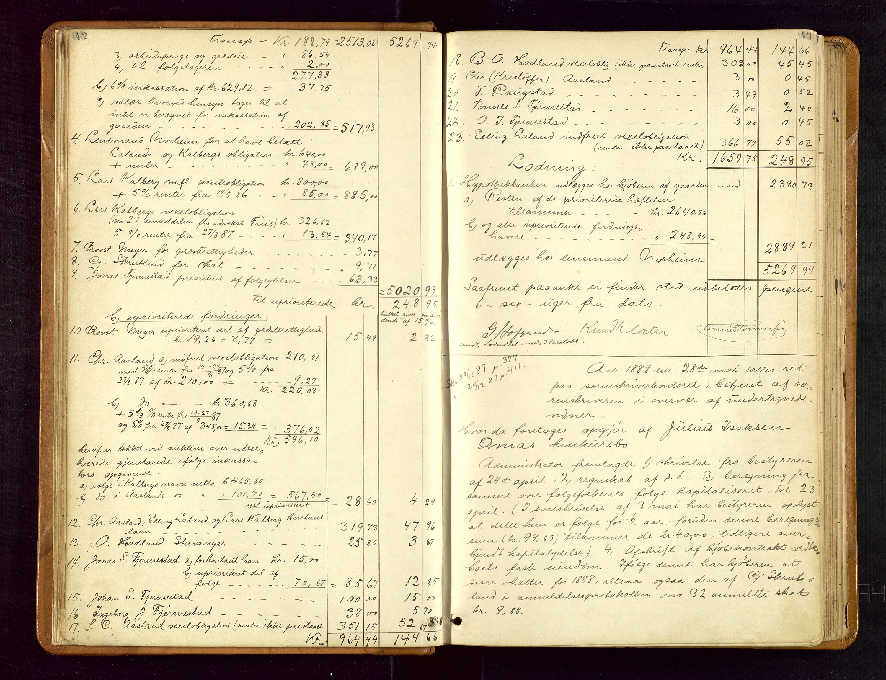 Jæren sorenskriveri, AV/SAST-A-100310/01/5/50/50BB/L0004: SKIFTEUTLODNINGSPROTOKOLL, 1887-1893, s. 42-43