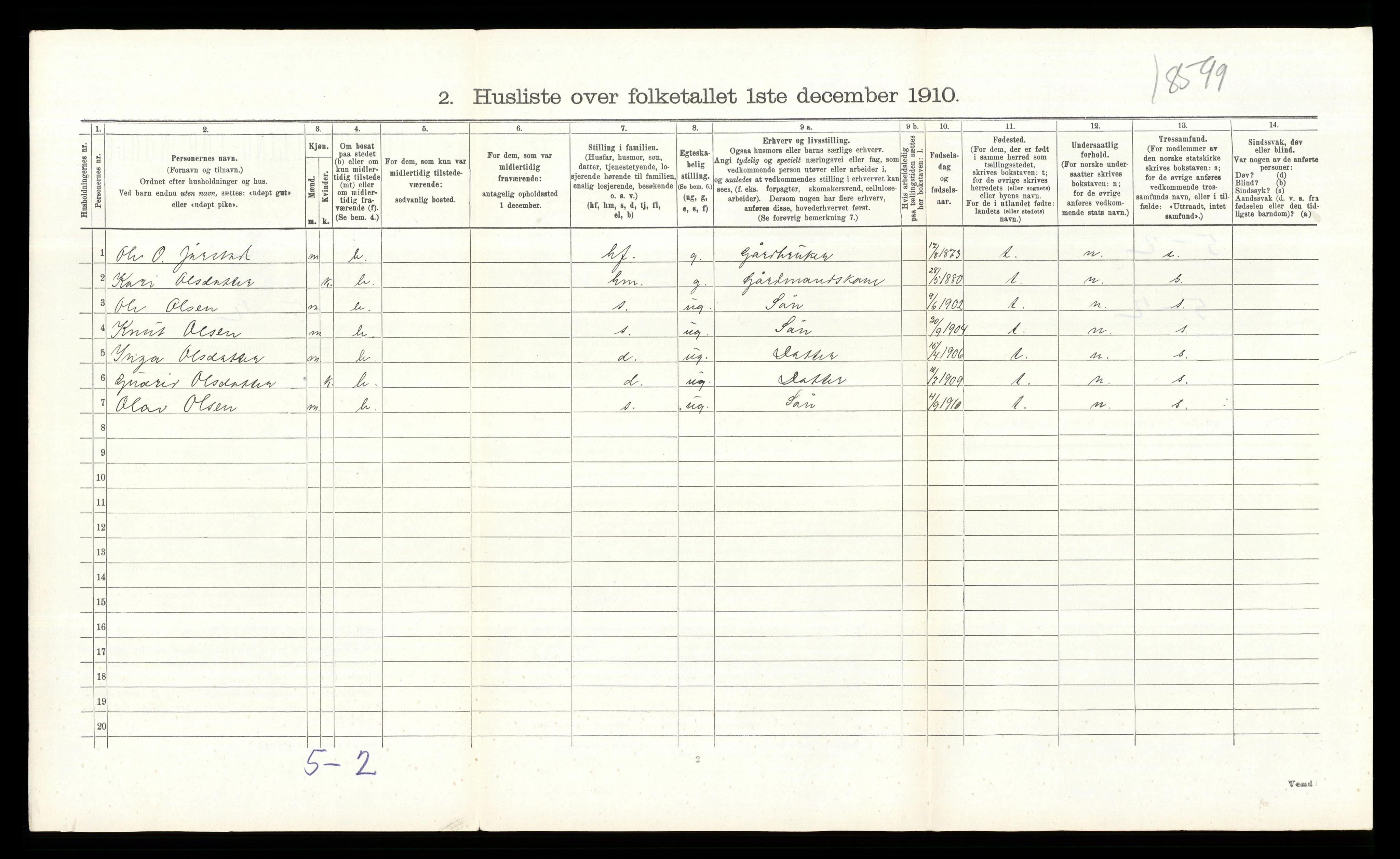 RA, Folketelling 1910 for 0544 Øystre Slidre herred, 1910, s. 155