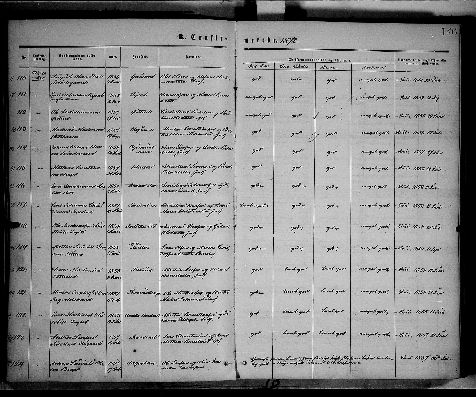 Vestre Toten prestekontor, AV/SAH-PREST-108/H/Ha/Haa/L0008: Ministerialbok nr. 8, 1870-1877, s. 146