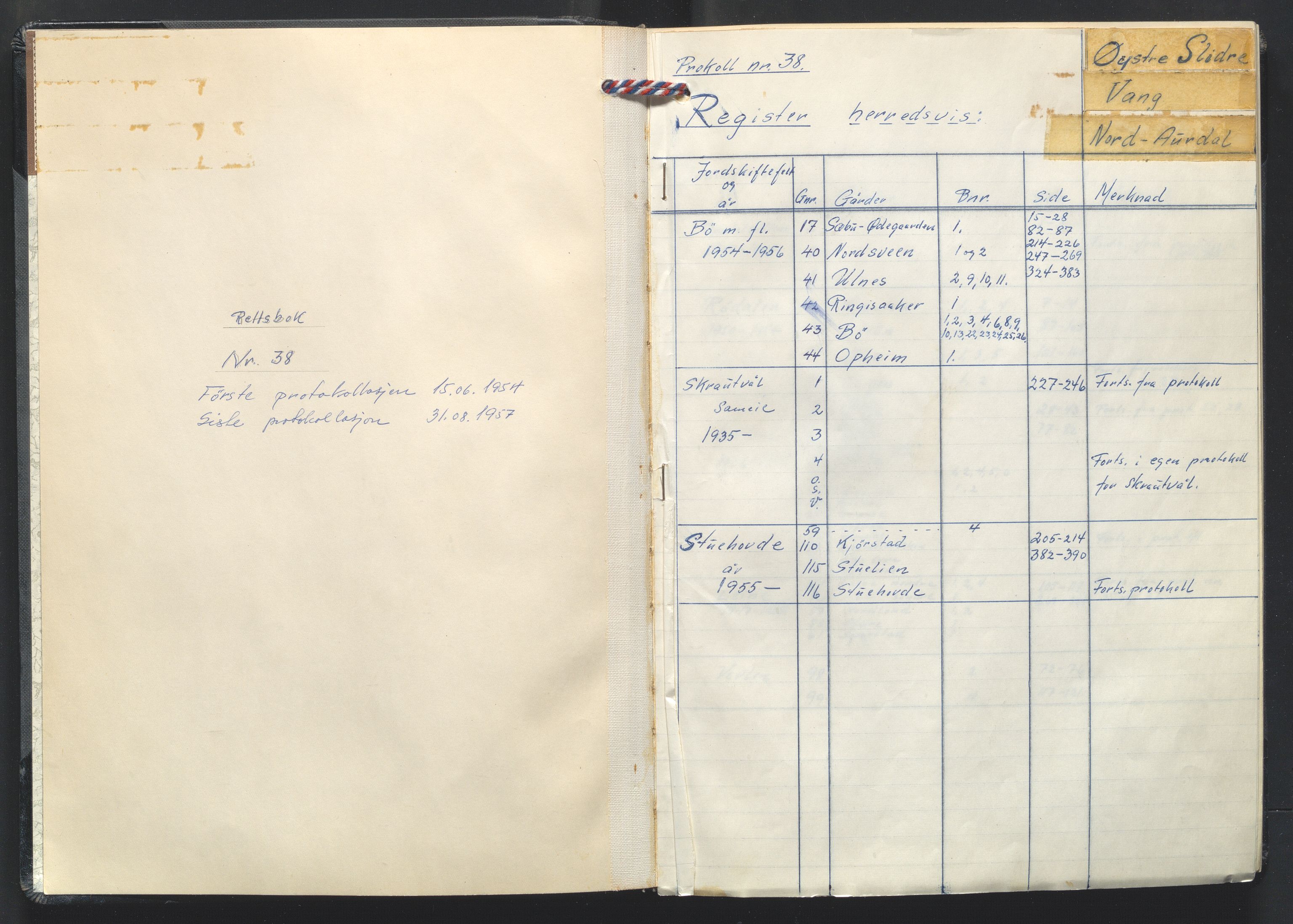 Valdres jordskifterett, AV/SAH-JORDSKIFTEO-003/G/Ga/L0002/0002: Rettsbøker / Rettsbok - protokoll nr. 38, 1950-1957