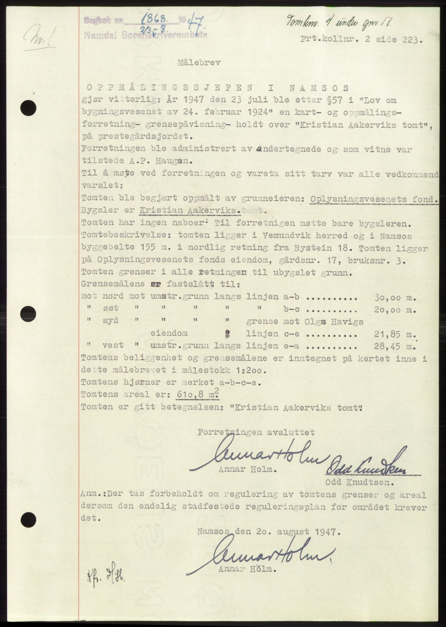 Namdal sorenskriveri, SAT/A-4133/1/2/2C: Pantebok nr. -, 1947-1947, Dagboknr: 1868/1947