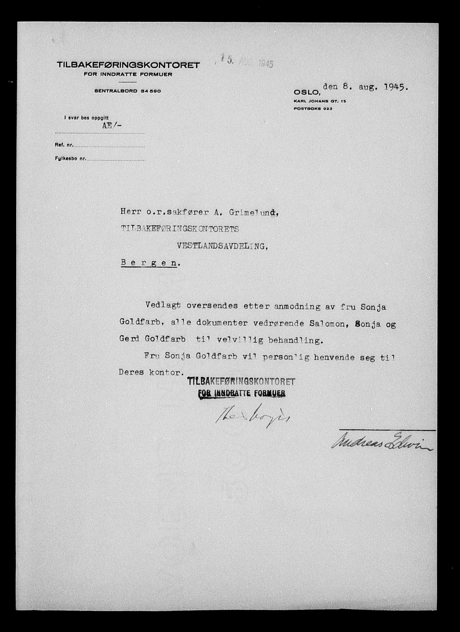 Justisdepartementet, Tilbakeføringskontoret for inndratte formuer, AV/RA-S-1564/H/Hc/Hcd/L0996: --, 1945-1947, s. 45