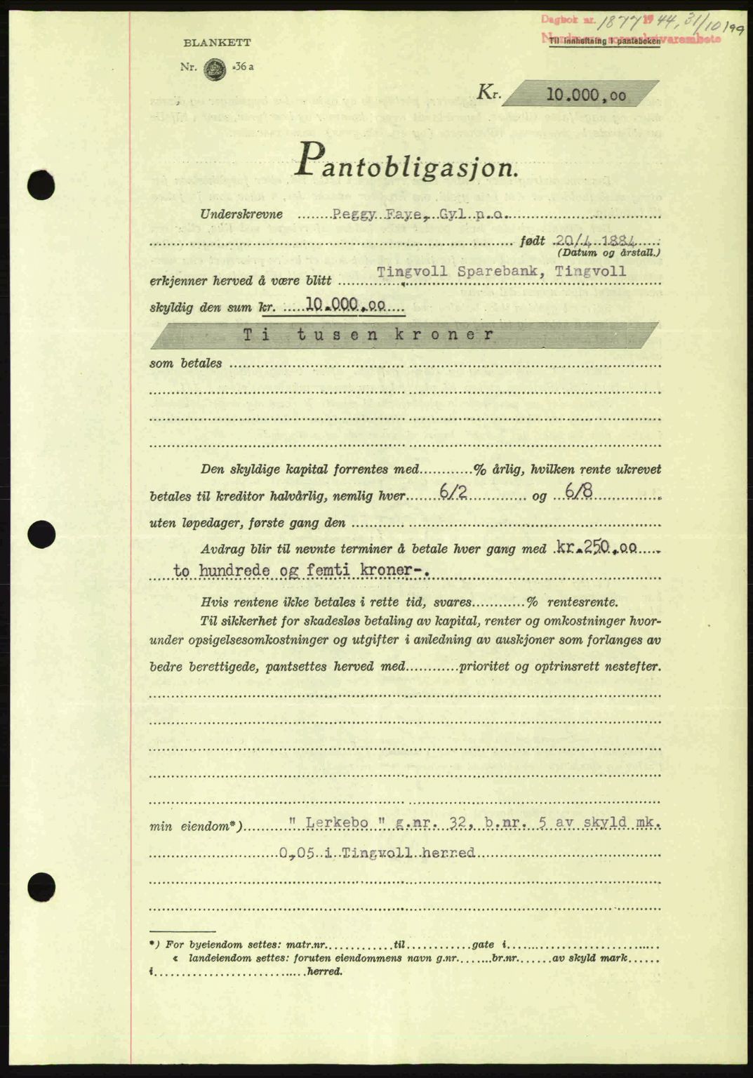 Nordmøre sorenskriveri, AV/SAT-A-4132/1/2/2Ca: Pantebok nr. B92, 1944-1945, Dagboknr: 1877/1944