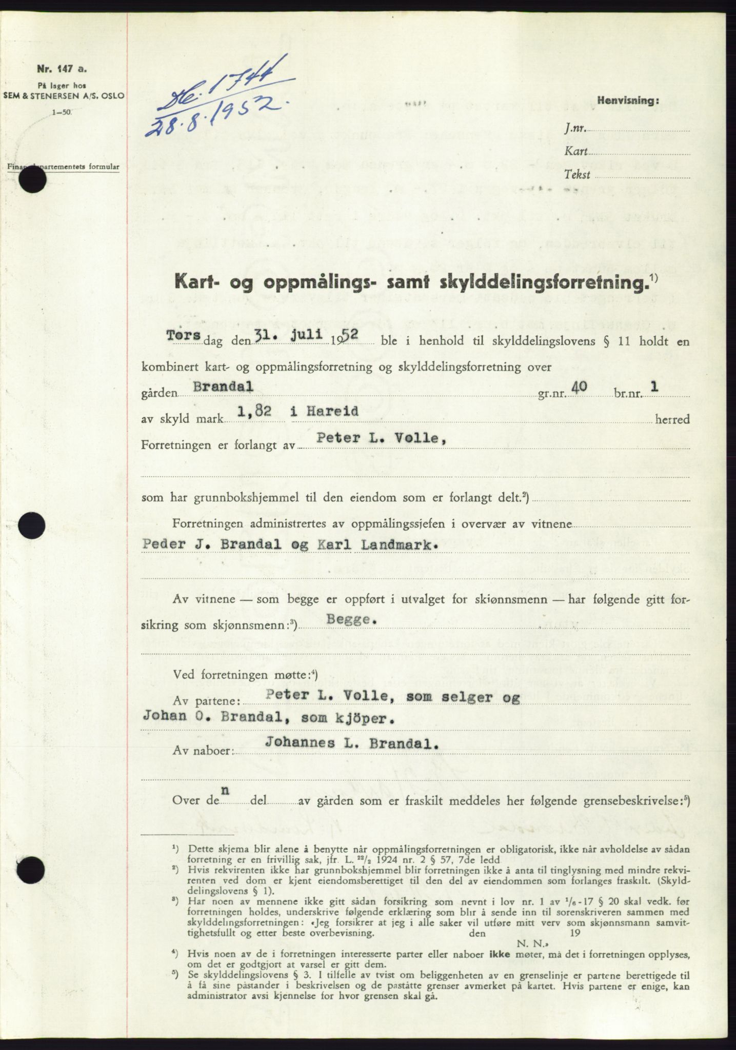 Søre Sunnmøre sorenskriveri, AV/SAT-A-4122/1/2/2C/L0092: Pantebok nr. 18A, 1952-1952, Dagboknr: 1744/1952