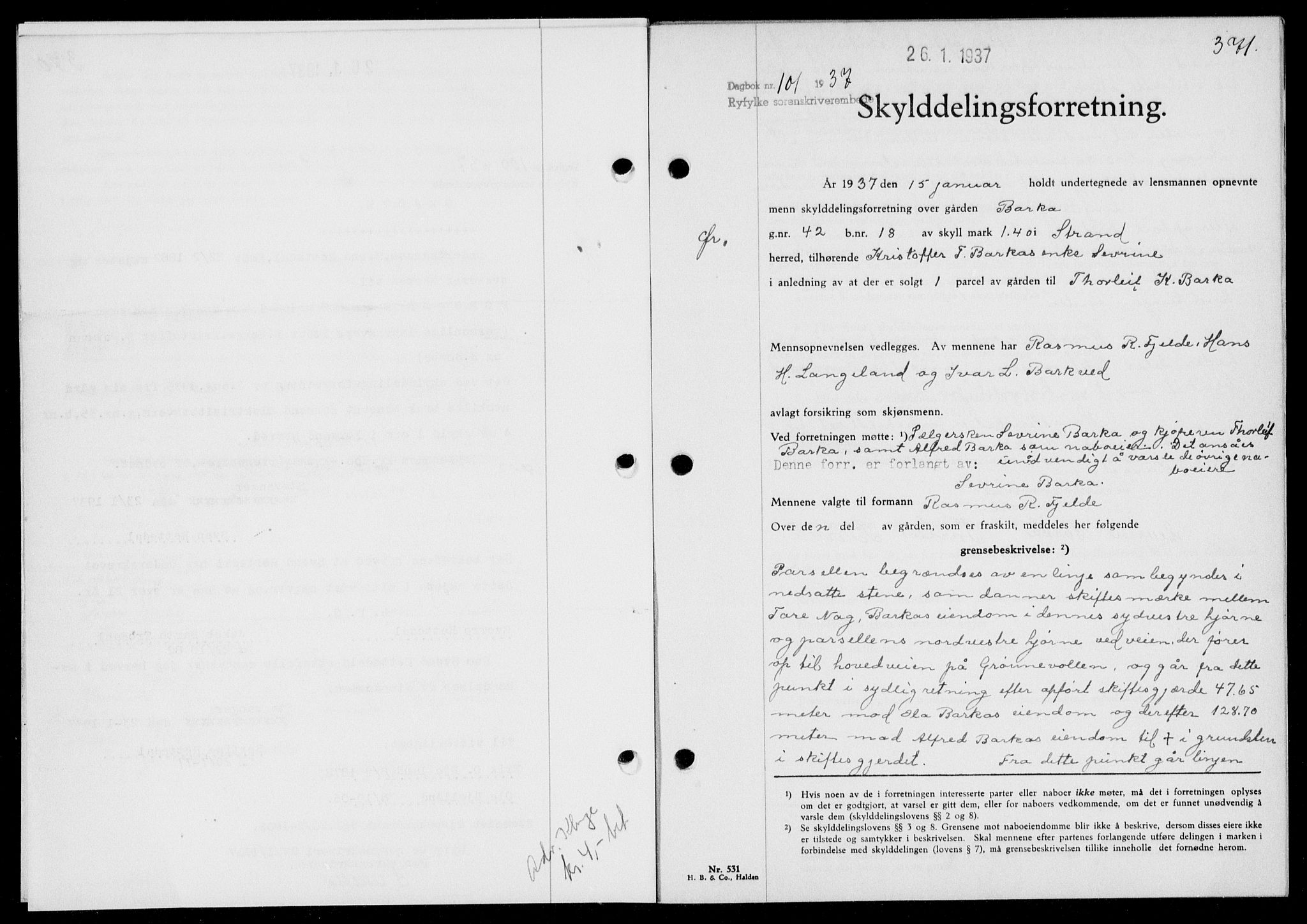 Ryfylke tingrett, SAST/A-100055/001/II/IIB/L0074: Pantebok nr. 53, 1936-1937, Dagboknr: 101/1937