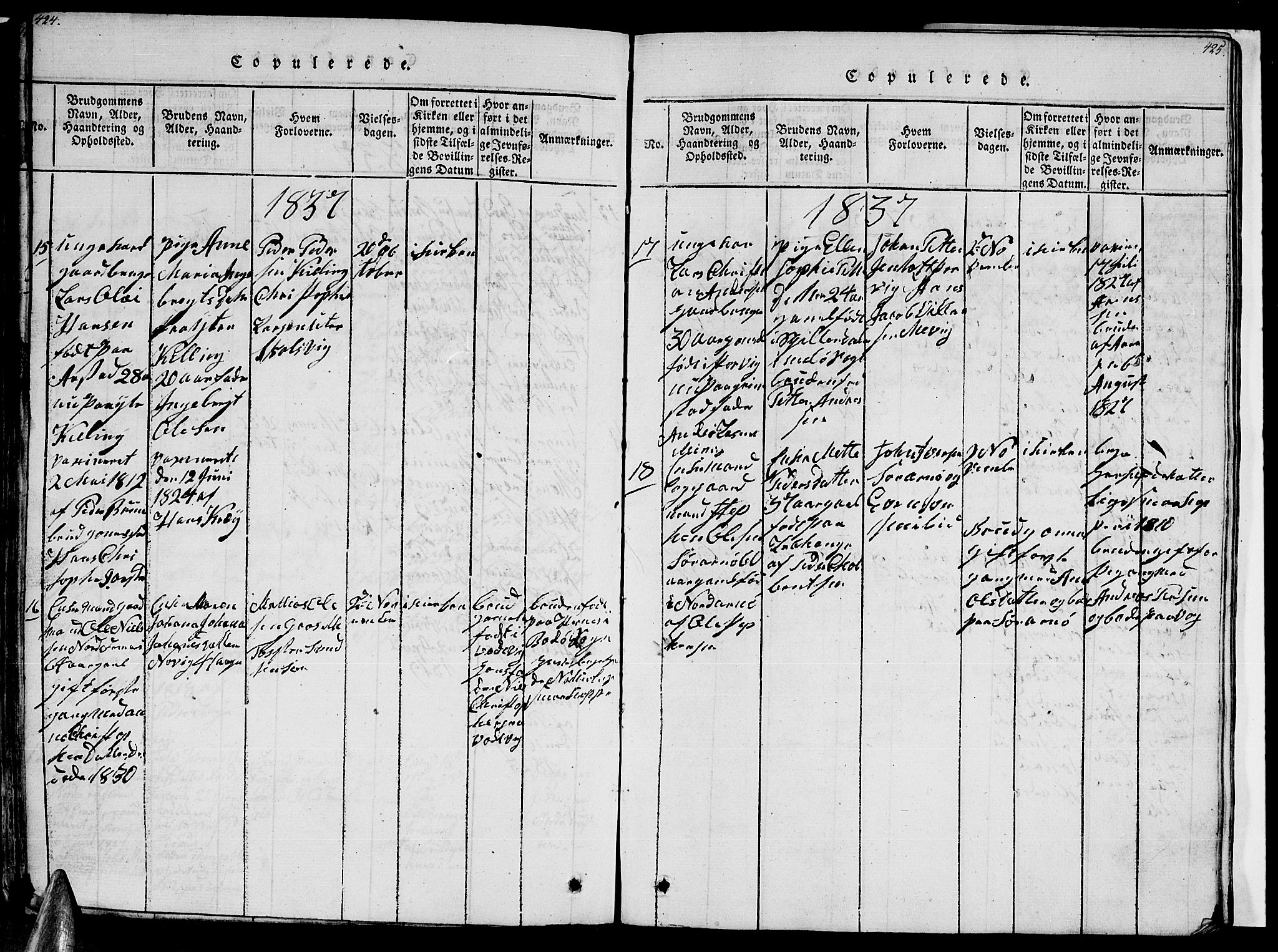 Ministerialprotokoller, klokkerbøker og fødselsregistre - Nordland, AV/SAT-A-1459/805/L0105: Klokkerbok nr. 805C01, 1820-1839, s. 424-425