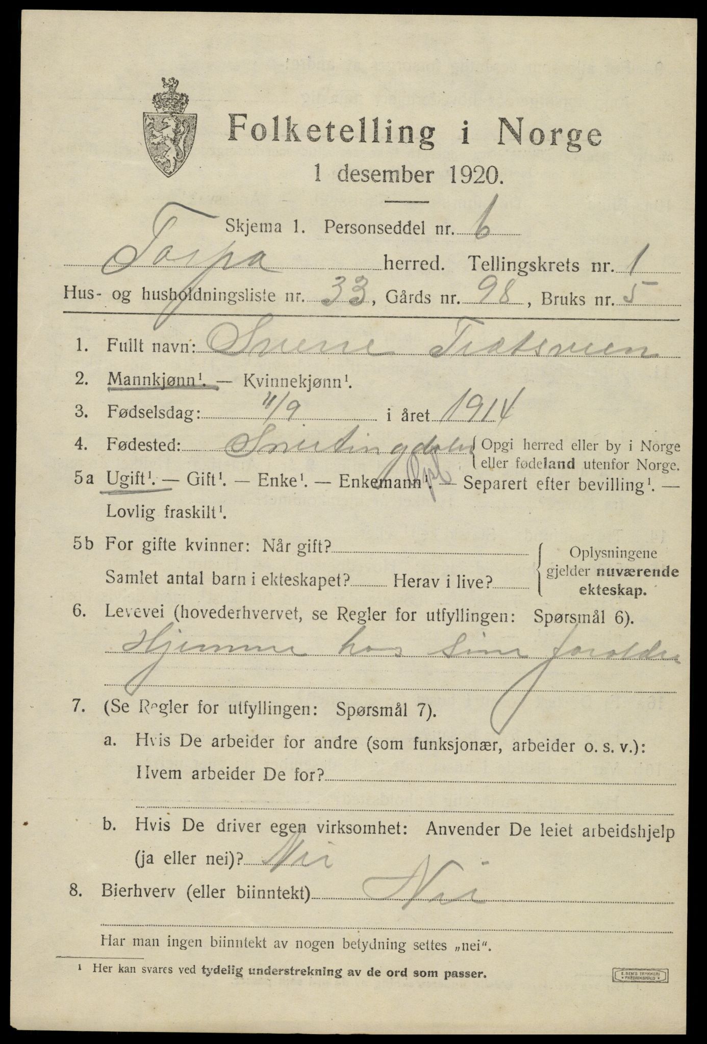 SAH, Folketelling 1920 for 0539 Torpa herred, 1920, s. 1405