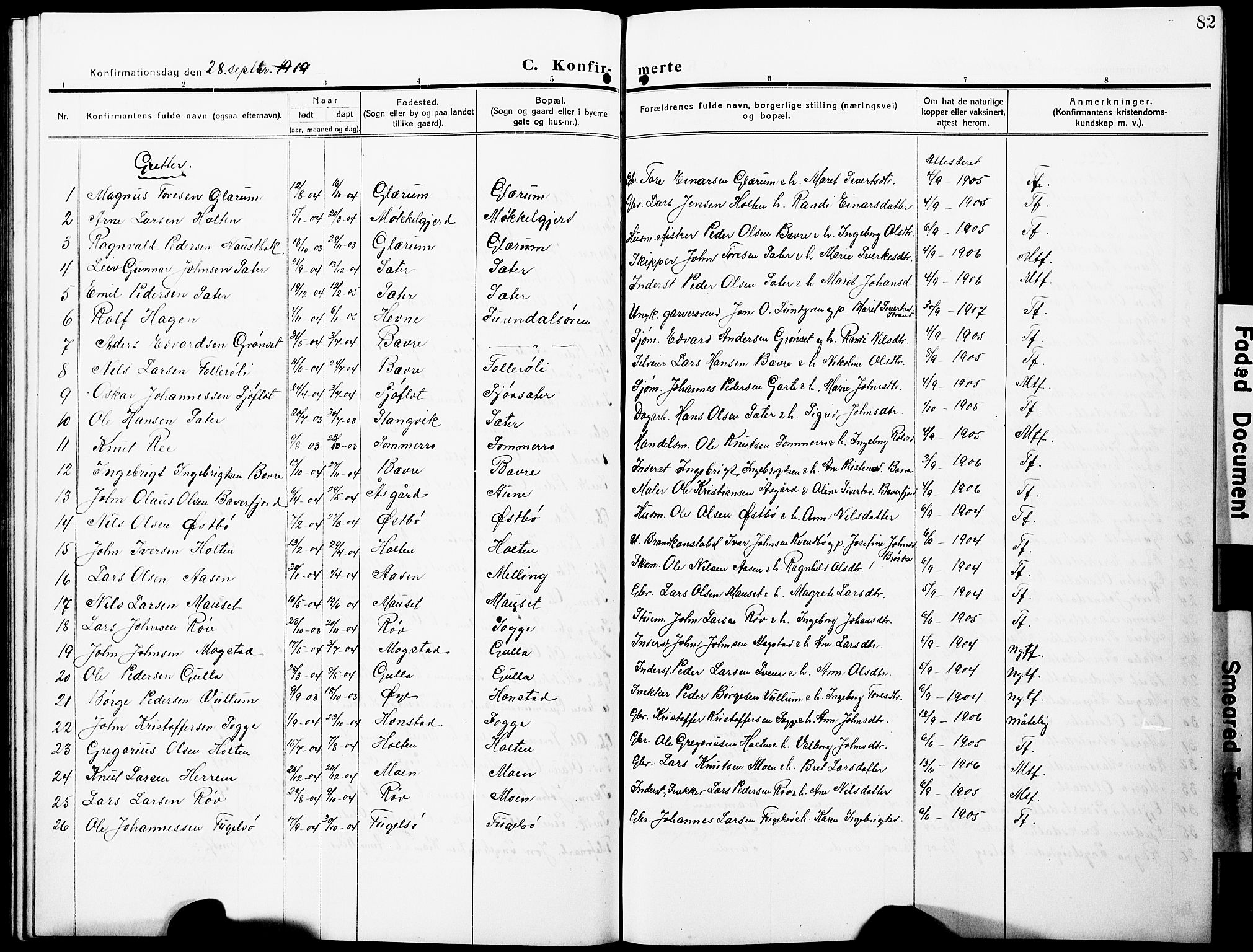 Ministerialprotokoller, klokkerbøker og fødselsregistre - Møre og Romsdal, SAT/A-1454/596/L1059: Klokkerbok nr. 596C02, 1908-1922, s. 82