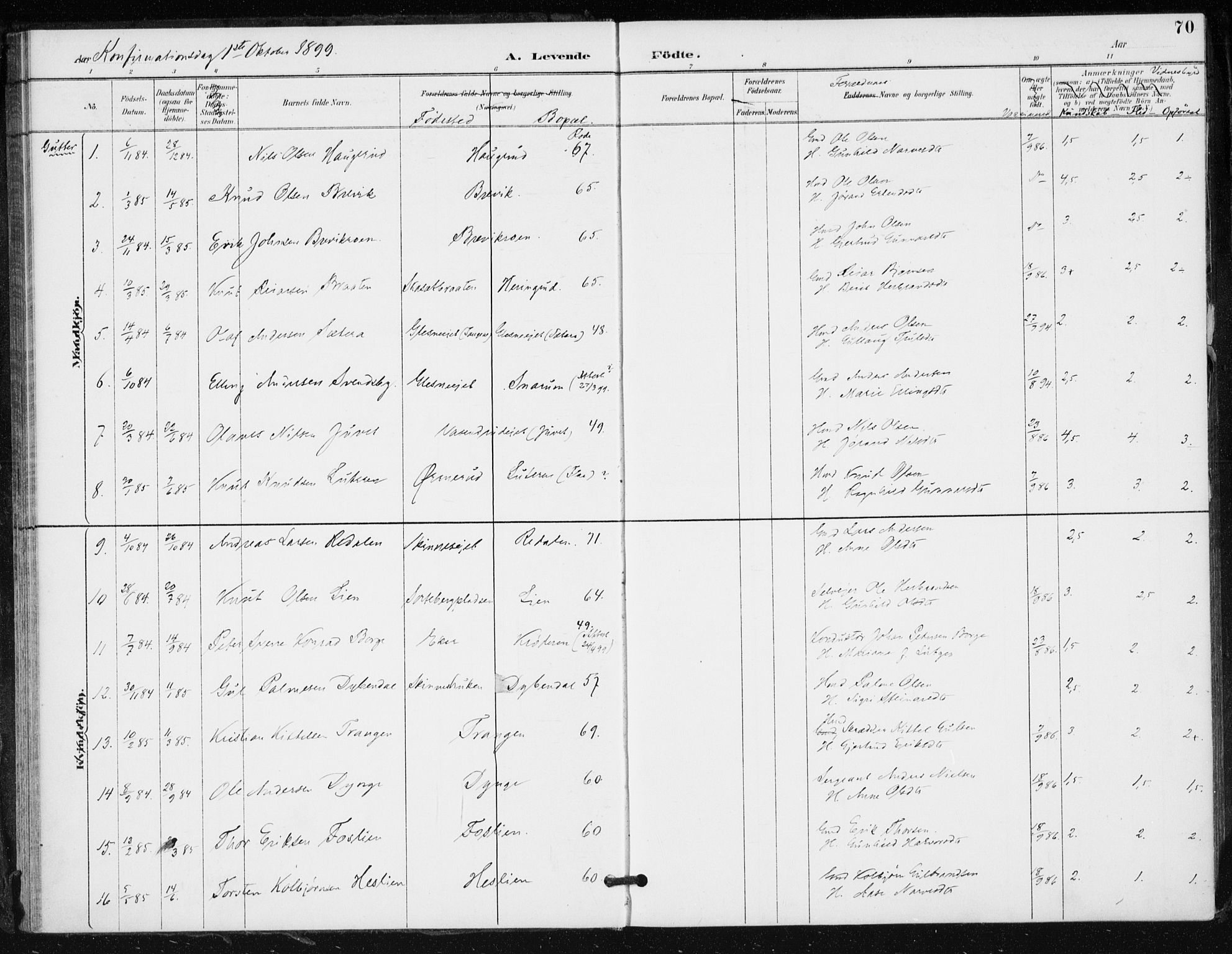 Krødsherad kirkebøker, AV/SAKO-A-19/F/Fa/L0006: Ministerialbok nr. 6, 1889-1899, s. 70