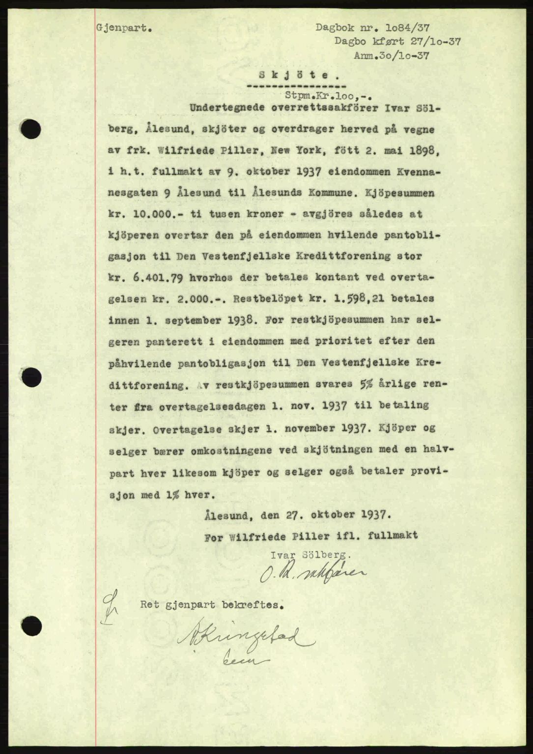 Ålesund byfogd, AV/SAT-A-4384: Pantebok nr. 34 I, 1936-1938, Dagboknr: 1084/1937