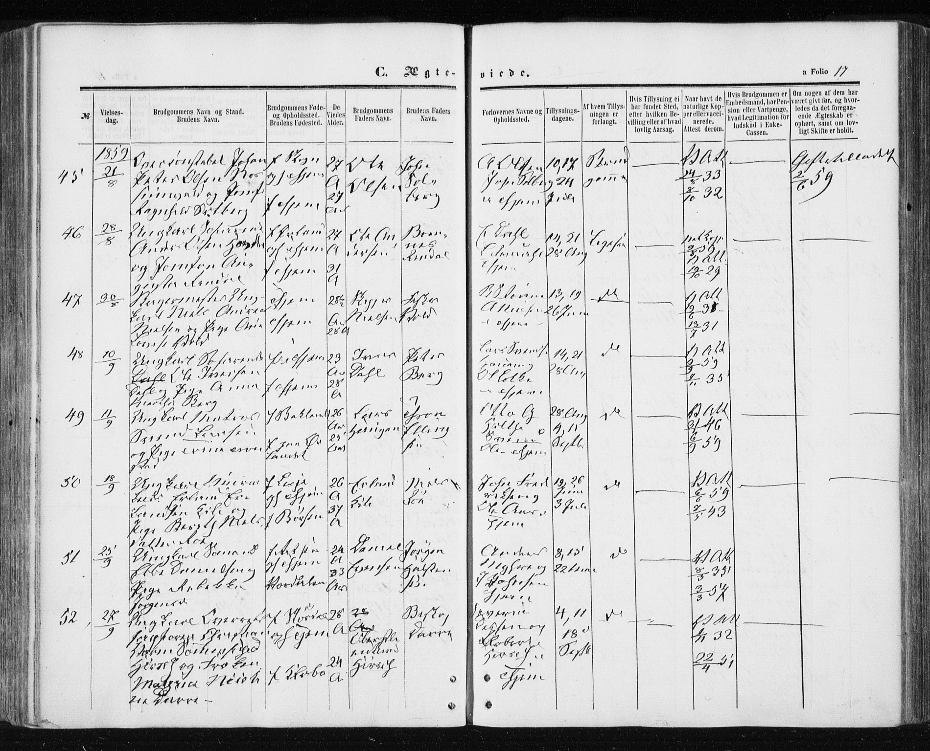 Ministerialprotokoller, klokkerbøker og fødselsregistre - Sør-Trøndelag, AV/SAT-A-1456/601/L0053: Ministerialbok nr. 601A21, 1857-1865, s. 17