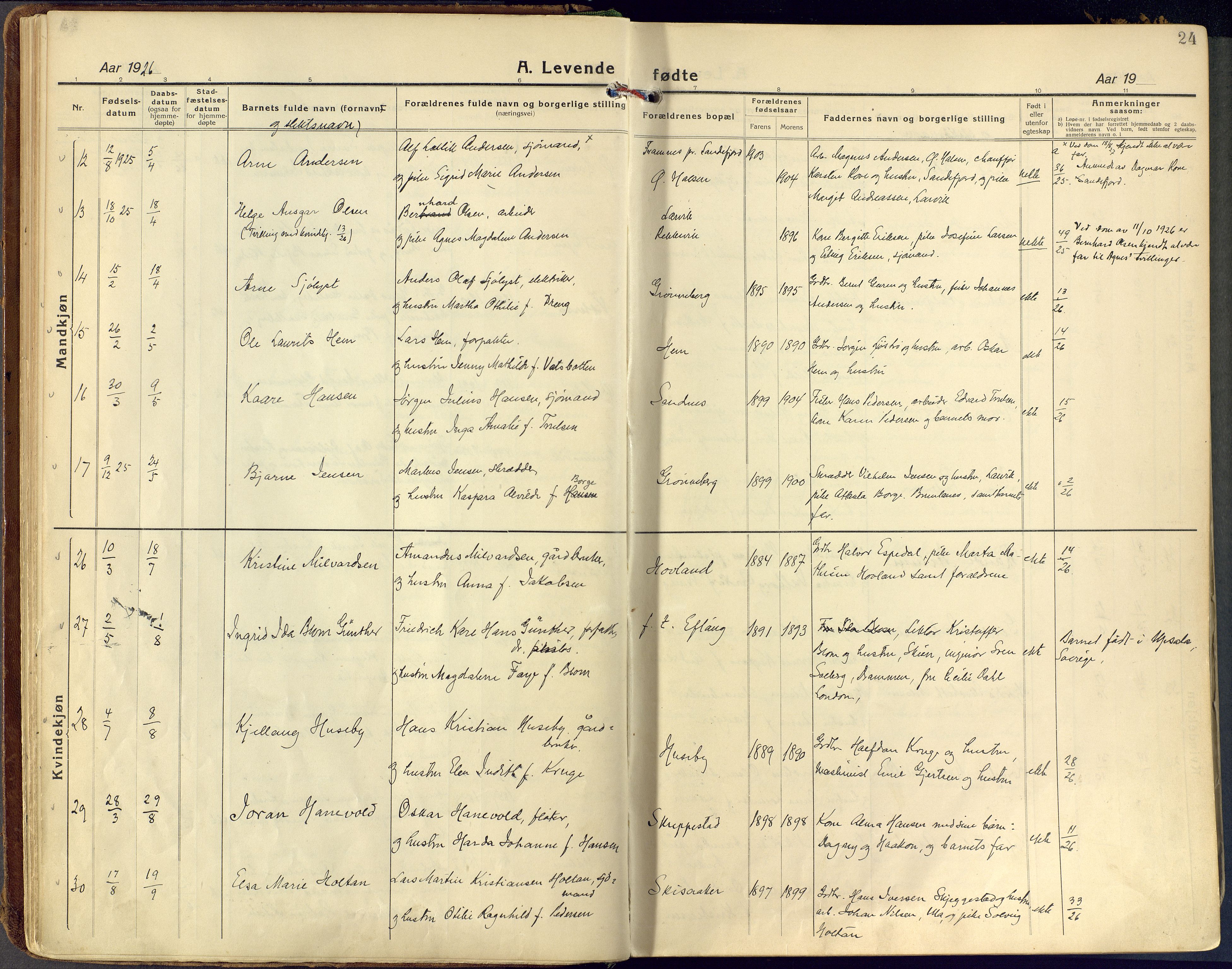 Tjølling kirkebøker, AV/SAKO-A-60/F/Fa/L0011: Ministerialbok nr. 11, 1924-1943, s. 24