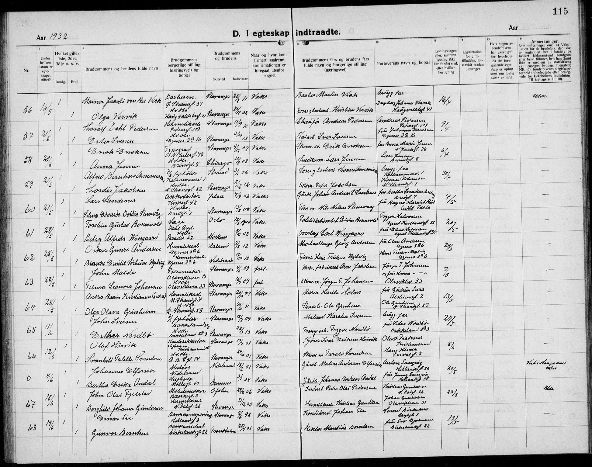 Domkirken sokneprestkontor, AV/SAST-A-101812/001/30/30BB/L0020: Klokkerbok nr. B 20, 1921-1937, s. 115