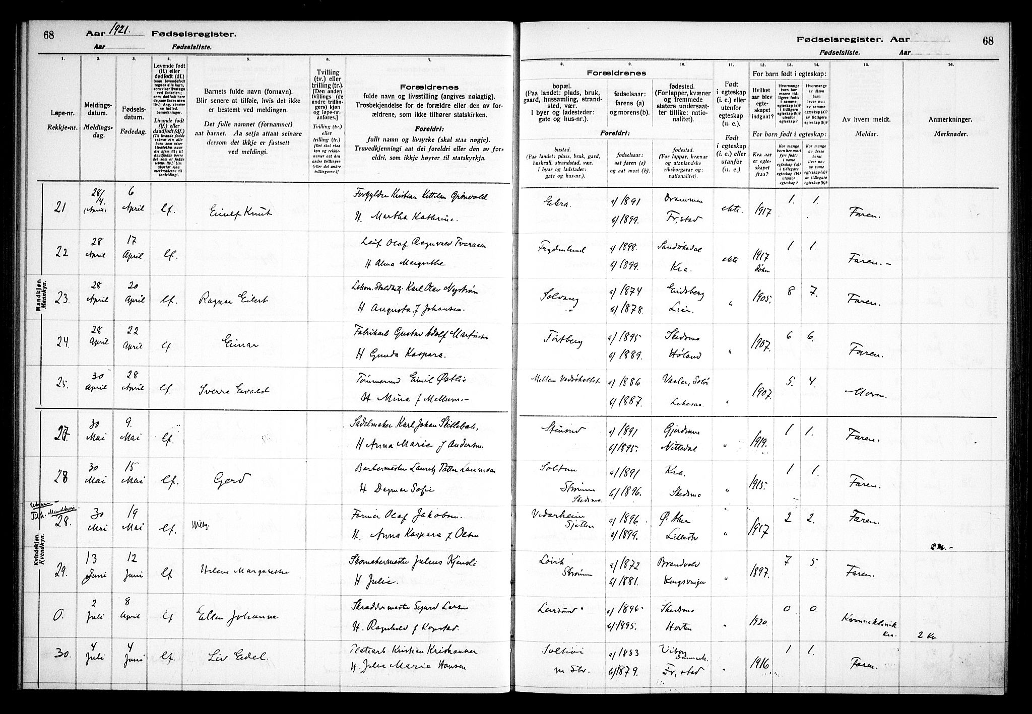 Skedsmo prestekontor Kirkebøker, AV/SAO-A-10033a/J/Ja/L0001: Fødselsregister nr. I 1, 1916-1931, s. 68