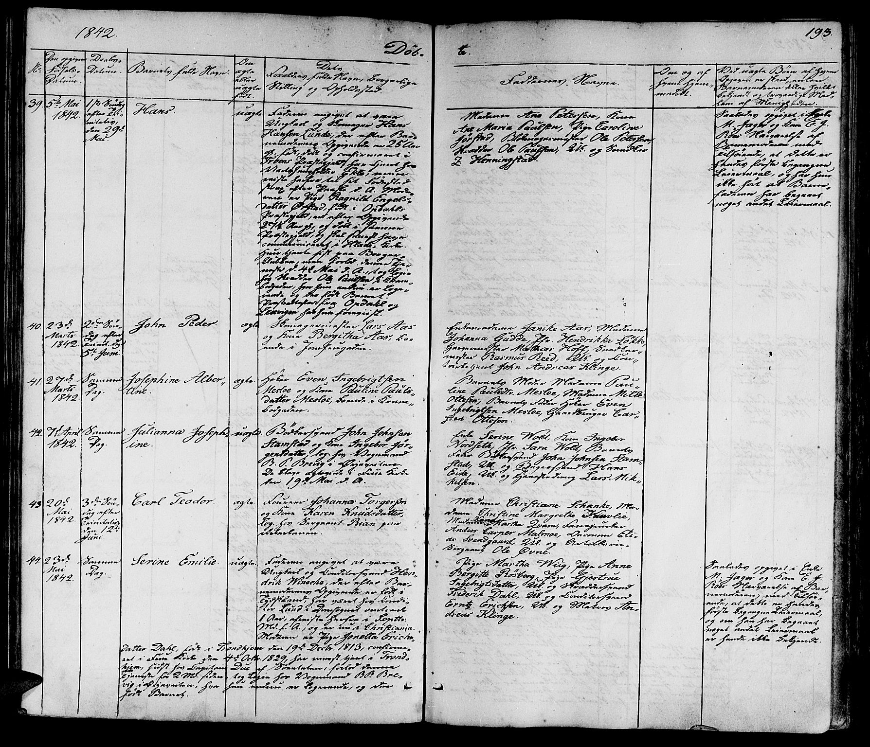 Ministerialprotokoller, klokkerbøker og fødselsregistre - Sør-Trøndelag, SAT/A-1456/602/L0136: Klokkerbok nr. 602C04, 1833-1845, s. 193