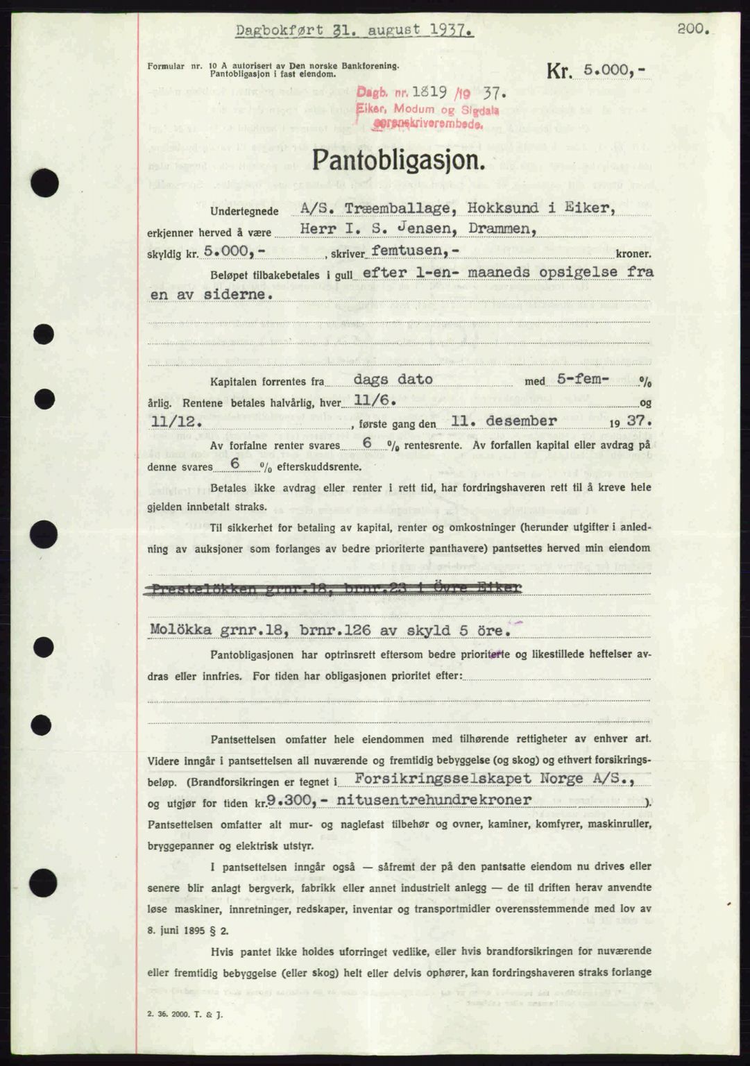 Eiker, Modum og Sigdal sorenskriveri, SAKO/A-123/G/Ga/Gab/L0036: Pantebok nr. A6, 1937-1937, Dagboknr: 1819/1937