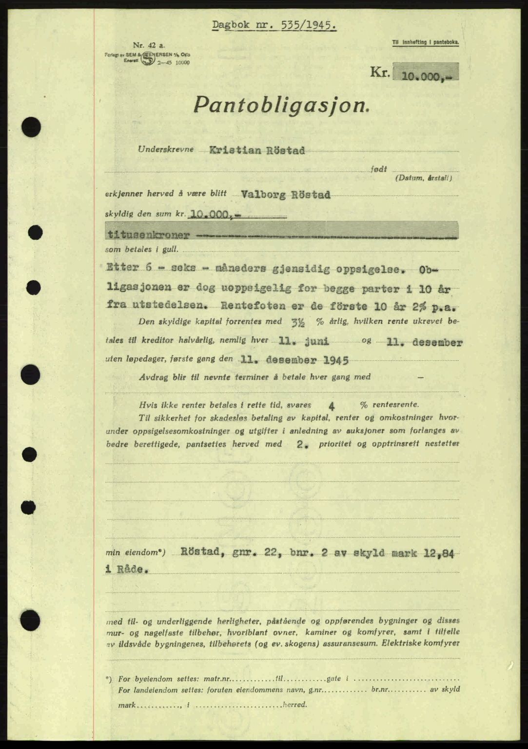 Moss sorenskriveri, SAO/A-10168: Pantebok nr. B13, 1943-1945, Dagboknr: 535/1945