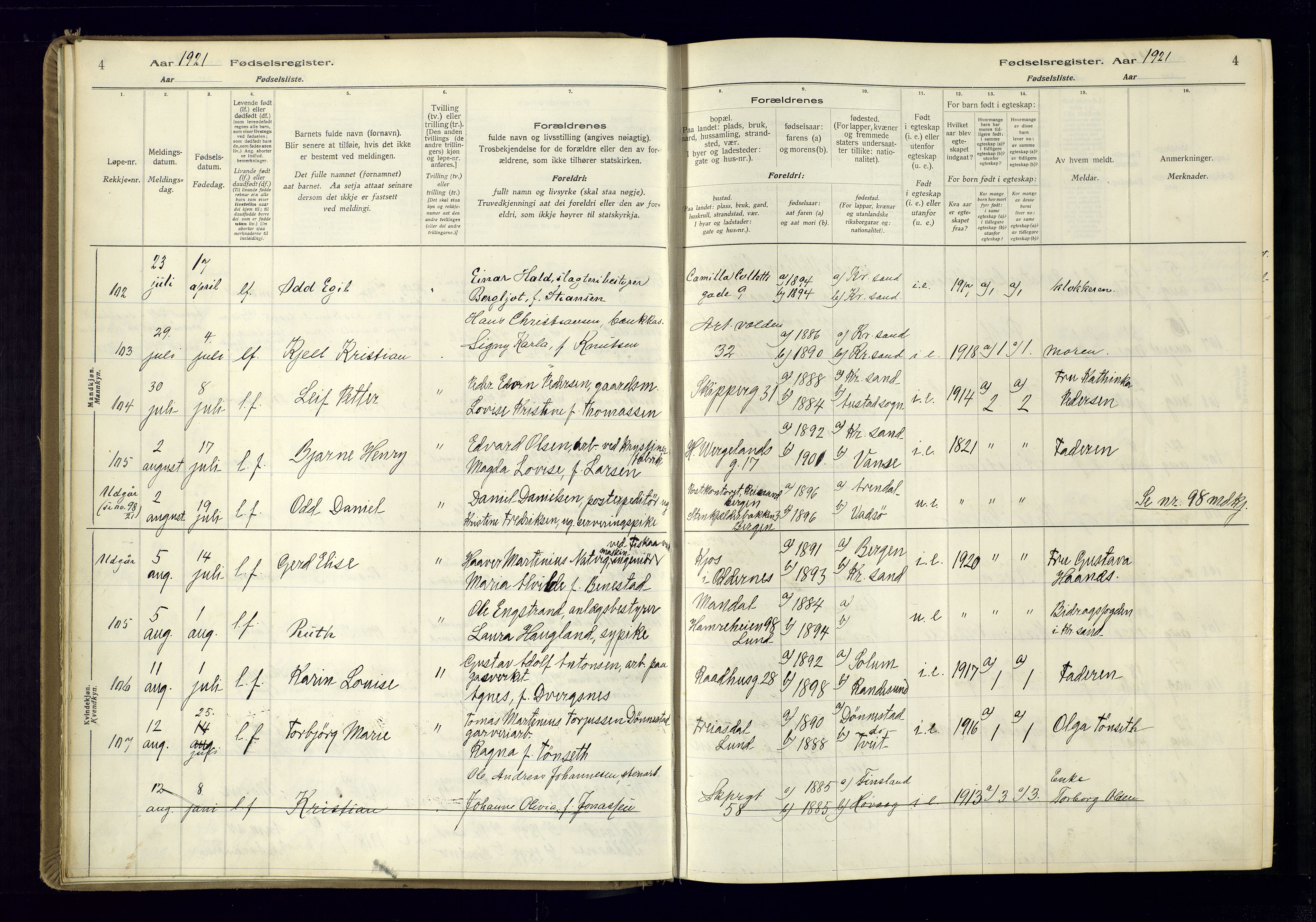 Kristiansand domprosti, AV/SAK-1112-0006/J/Jc/L0002: Fødselsregister nr. A-VI-46, 1921-1926, s. 4