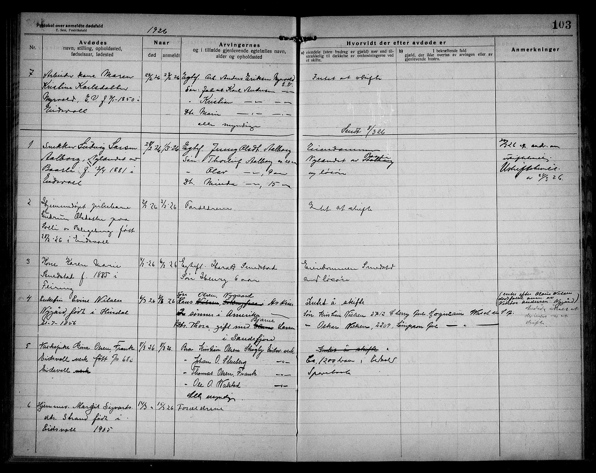 Eidsvoll lensmannskontor, AV/SAO-A-10266a/H/Ha/Haa/L0005: Dødsfallprotokoll, 1921-1930, s. 103
