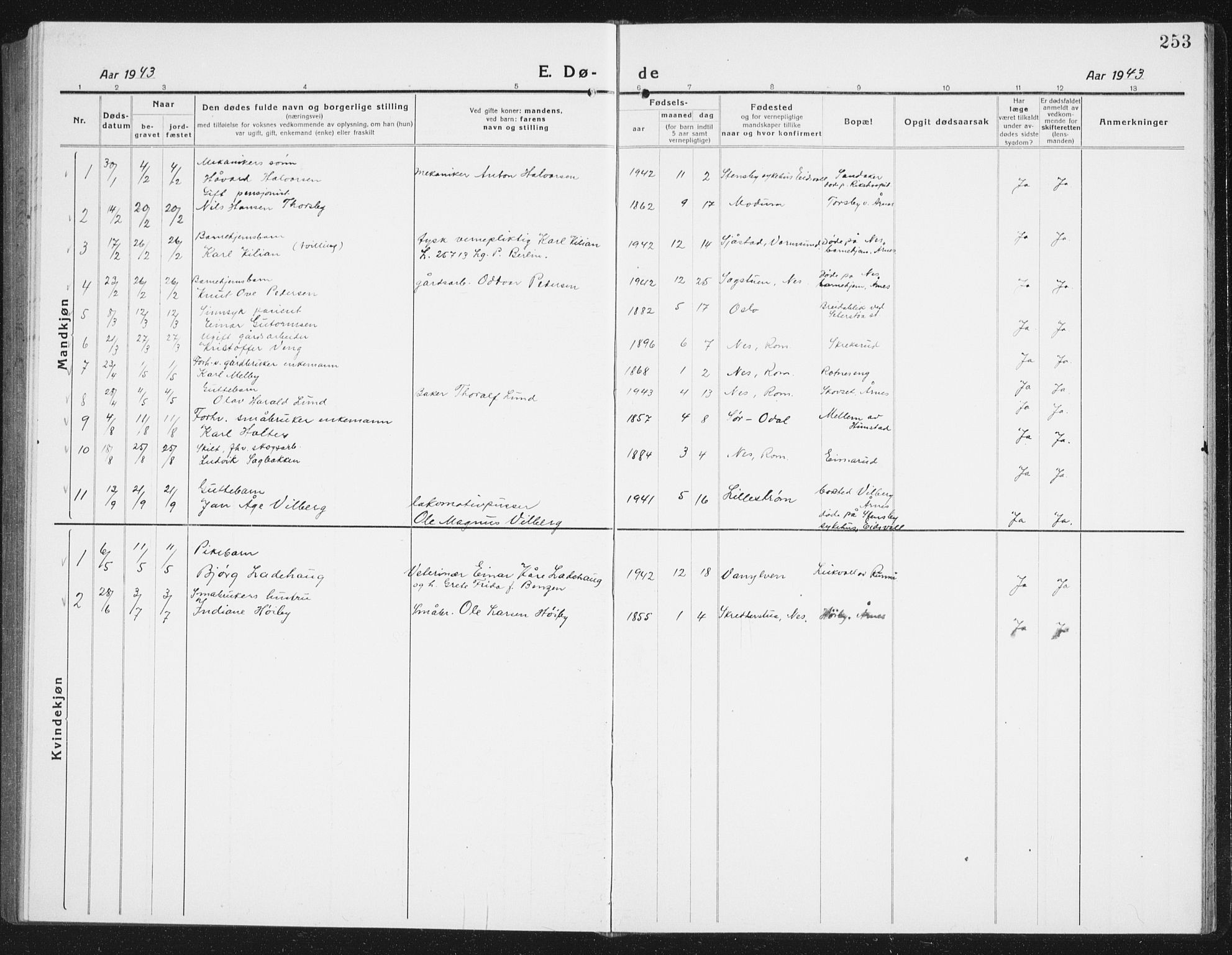 Nes prestekontor Kirkebøker, AV/SAO-A-10410/G/Gc/L0002: Klokkerbok nr. III 2, 1915-1943, s. 253