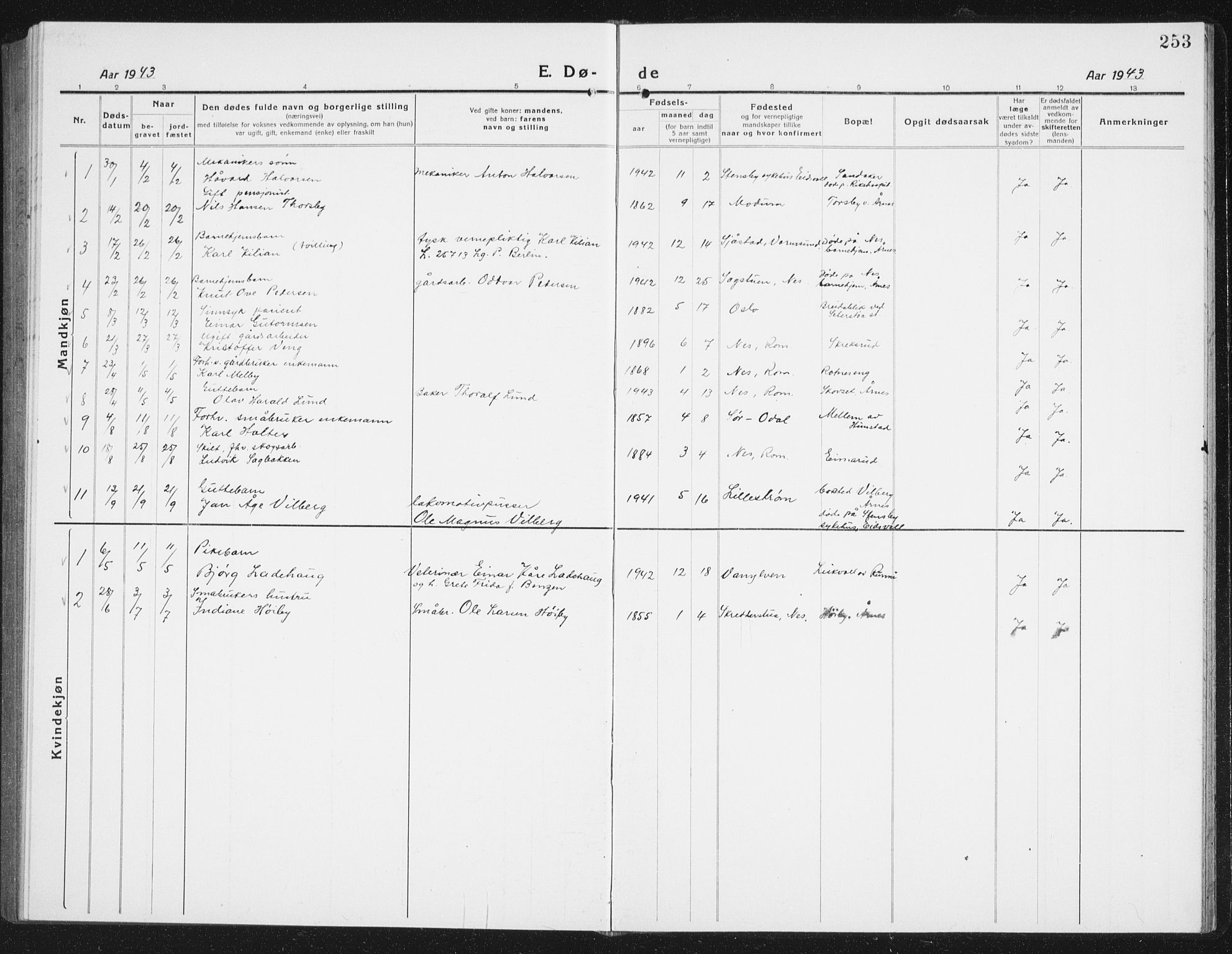 Nes prestekontor Kirkebøker, SAO/A-10410/G/Gc/L0002: Klokkerbok nr. III 2, 1915-1943, s. 253