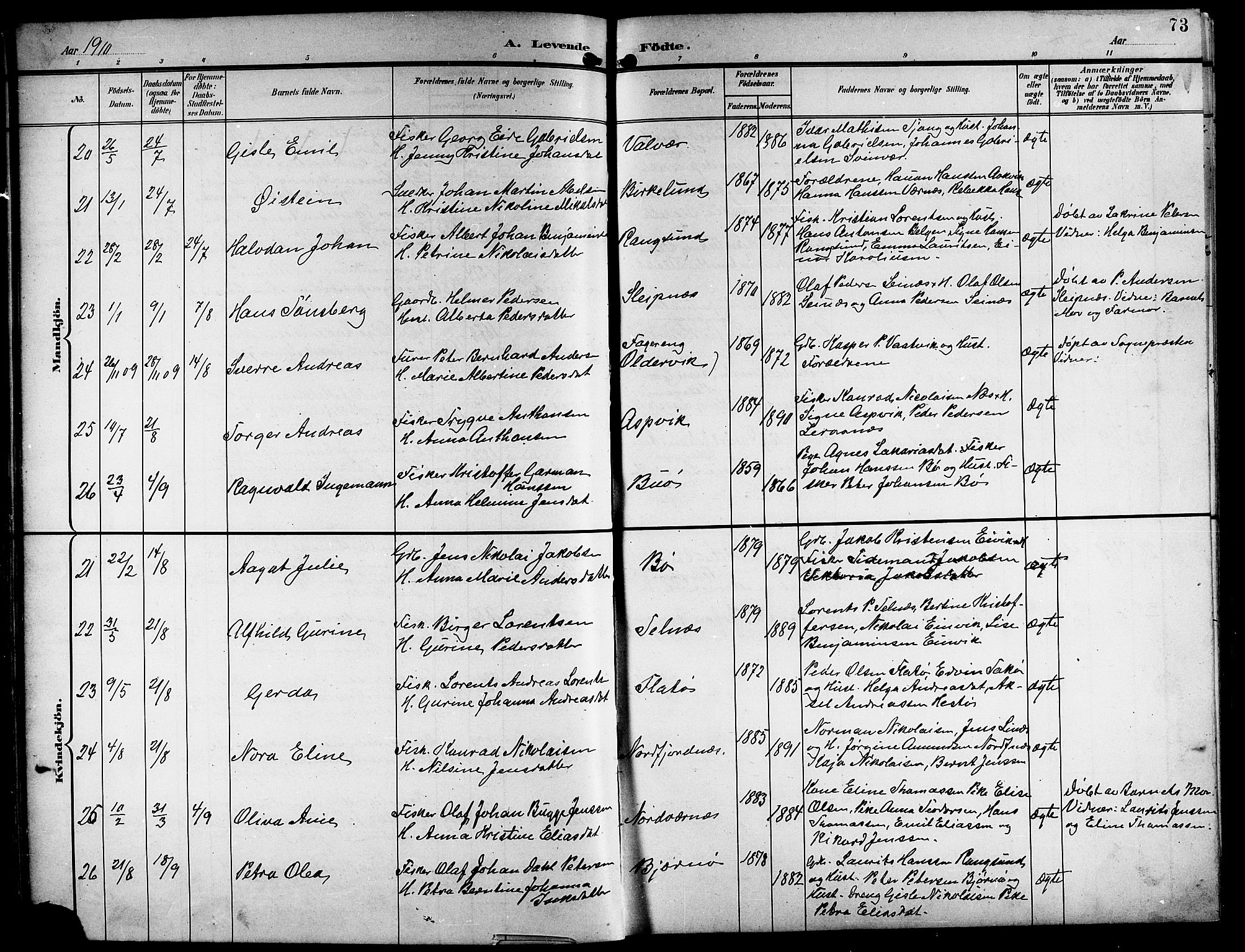 Ministerialprotokoller, klokkerbøker og fødselsregistre - Nordland, AV/SAT-A-1459/841/L0621: Klokkerbok nr. 841C05, 1897-1923, s. 73