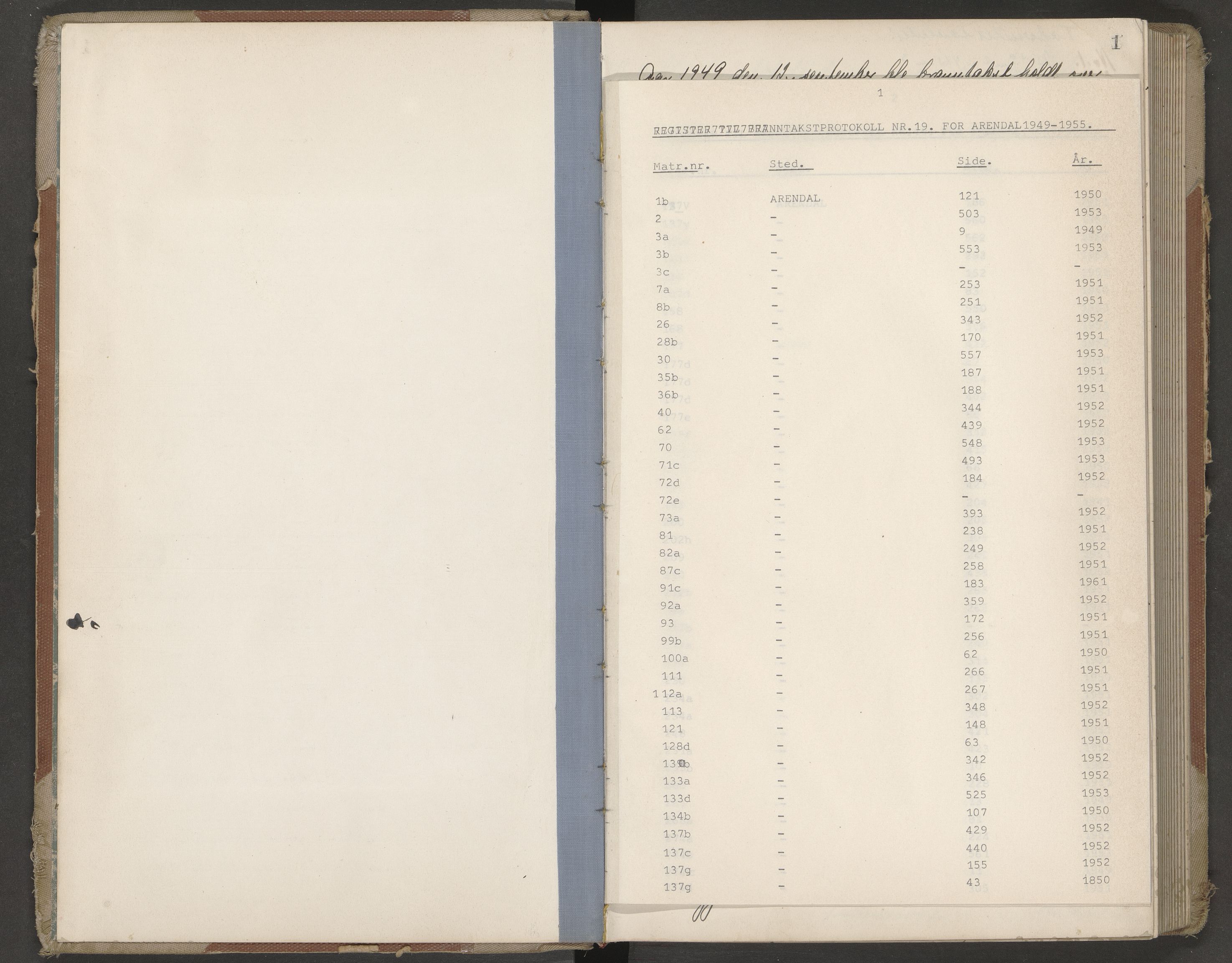 Norges Brannkasse Arendal, AV/SAK-2241-0002/F/Fa/L0036: Branntakstprotokoll nr. 34 med matrikkelnummerregister, 1949-1953