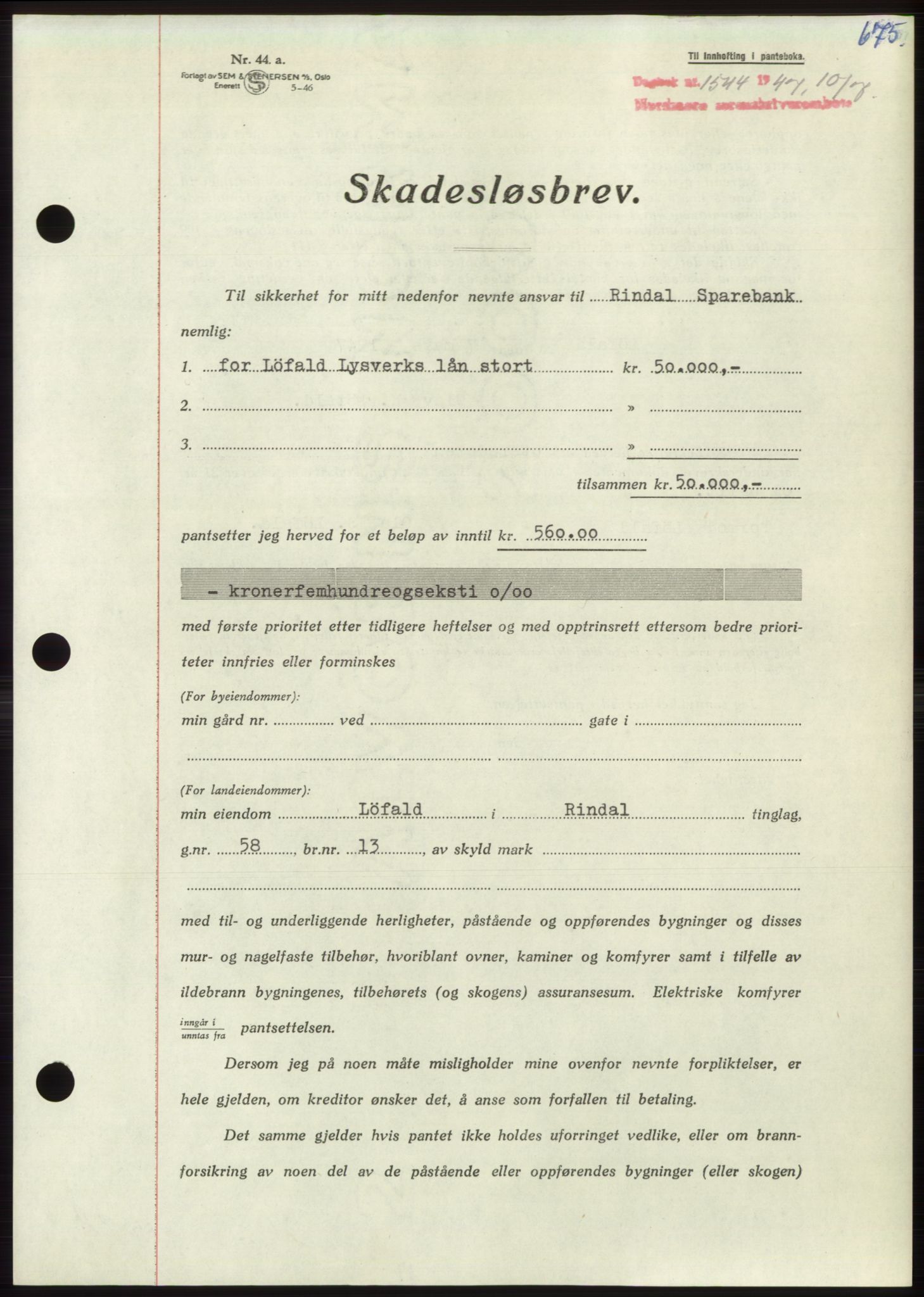 Nordmøre sorenskriveri, SAT/A-4132/1/2/2Ca: Pantebok nr. B96, 1947-1947, Dagboknr: 1544/1947