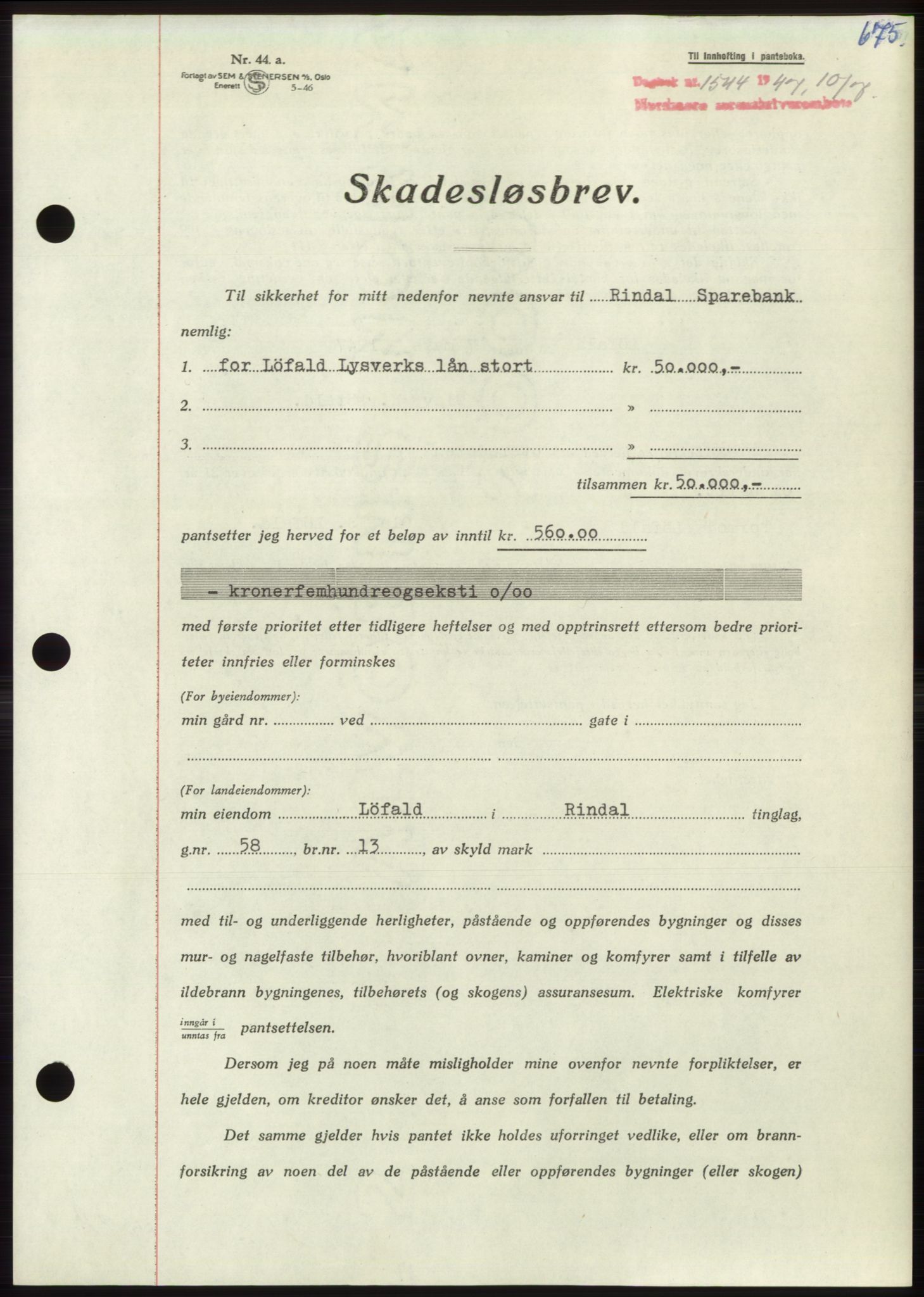 Nordmøre sorenskriveri, AV/SAT-A-4132/1/2/2Ca: Pantebok nr. B96, 1947-1947, Dagboknr: 1544/1947