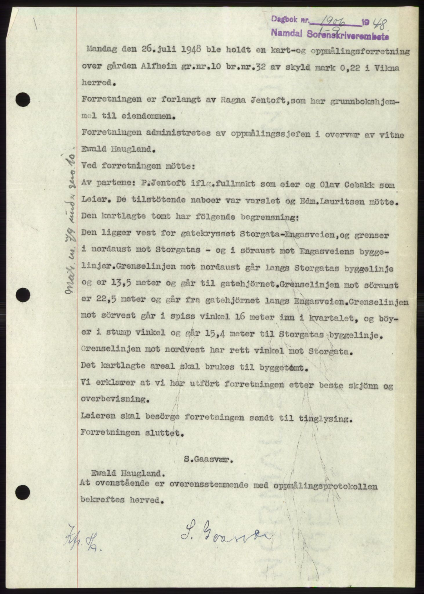 Namdal sorenskriveri, SAT/A-4133/1/2/2C: Pantebok nr. -, 1948-1948, Dagboknr: 1906/1948