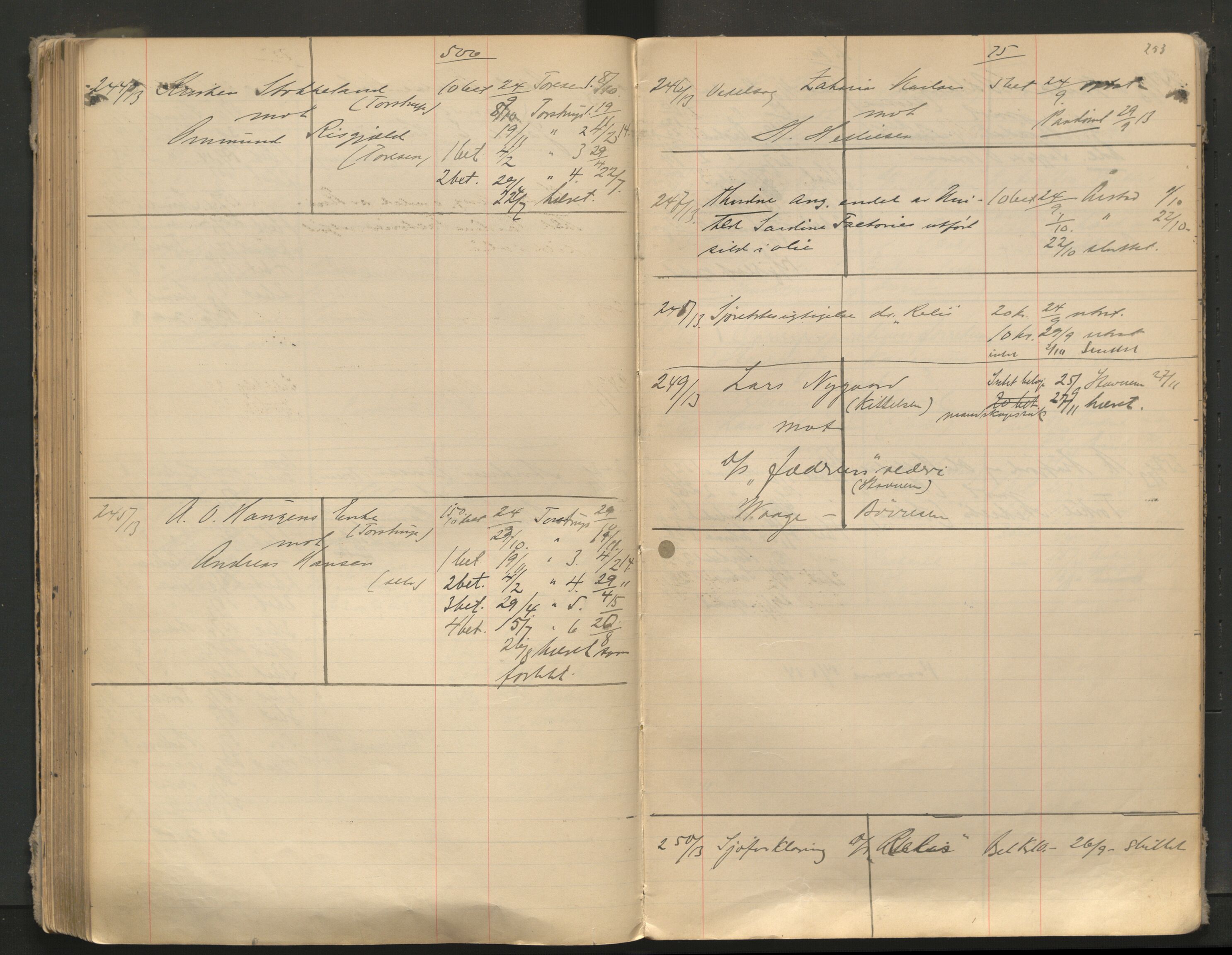 Stavanger byfogd, AV/SAST-A-101408/001/3/32/32A/L0005: Saksliste for Stavanger byting, 1910-1914, s. 252-253