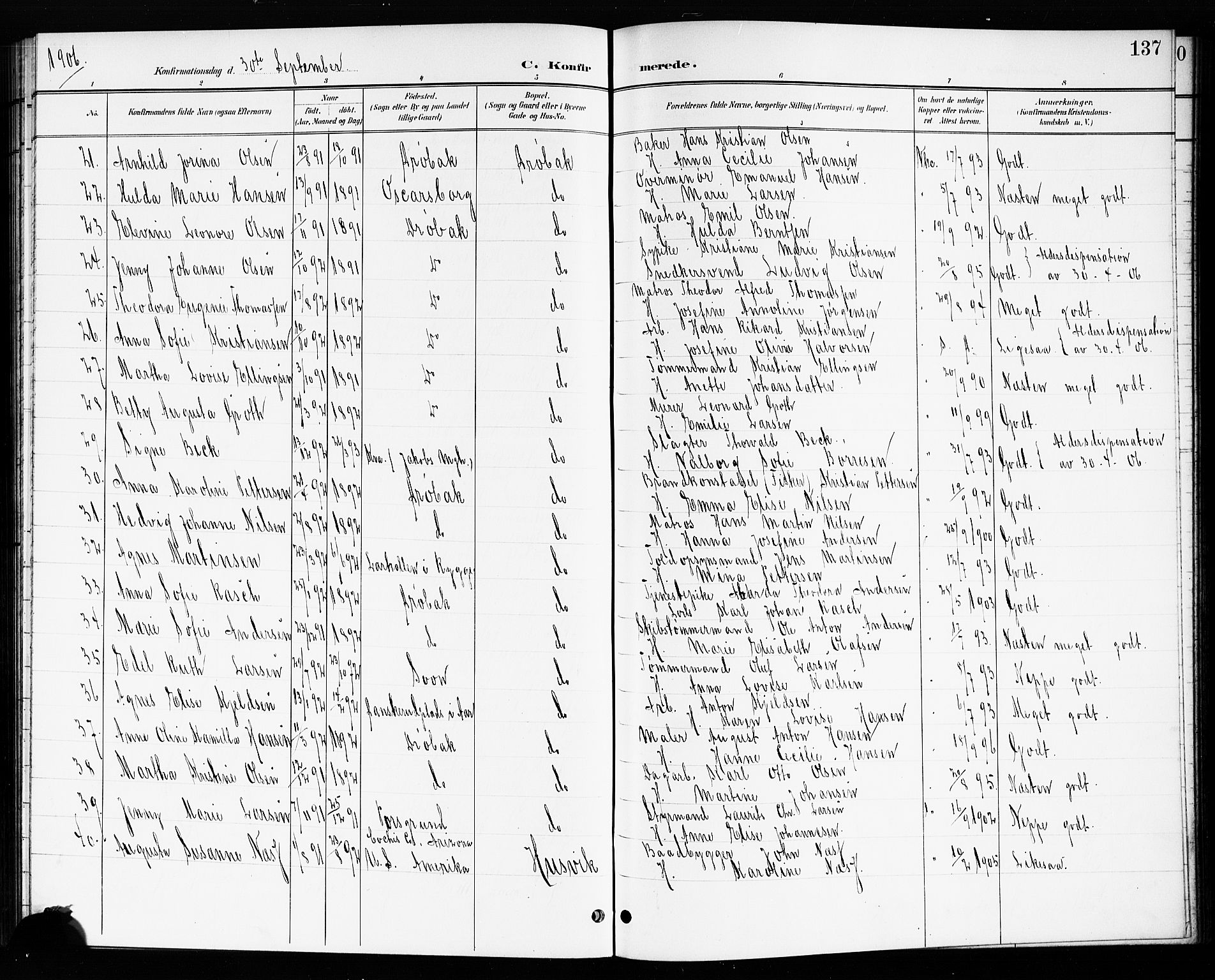 Drøbak prestekontor Kirkebøker, AV/SAO-A-10142a/G/Ga/L0001: Klokkerbok nr. I 1, 1897-1917, s. 137