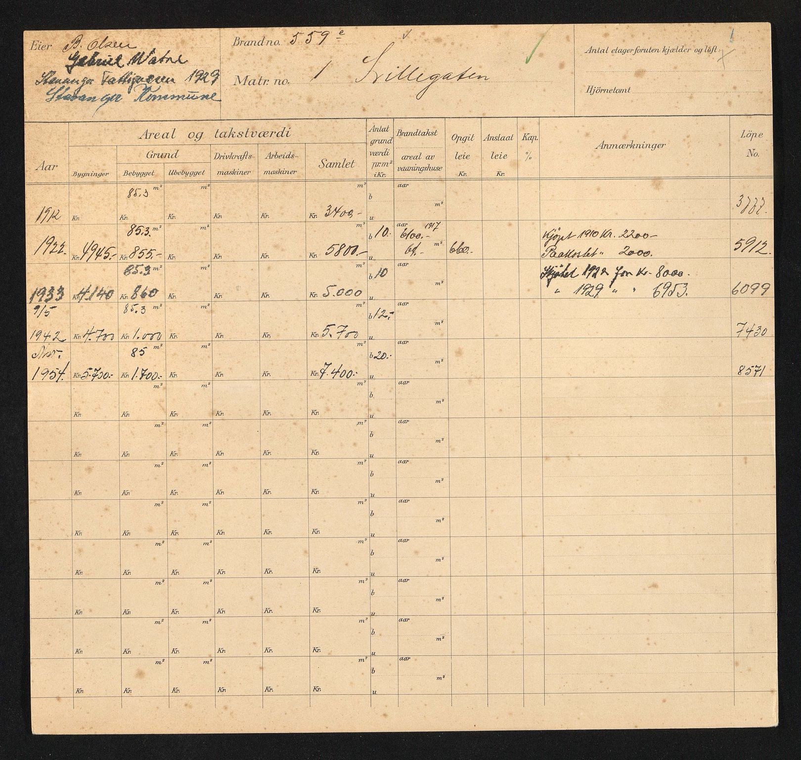 Stavanger kommune. Skattetakstvesenet, BYST/A-0440/F/Fa/Faa/L0028/0007: Skattetakstkort / Litle Trappegang 1 - Litlegata - Losoldermann Natvigs vei - Lyder Sagens gate 22