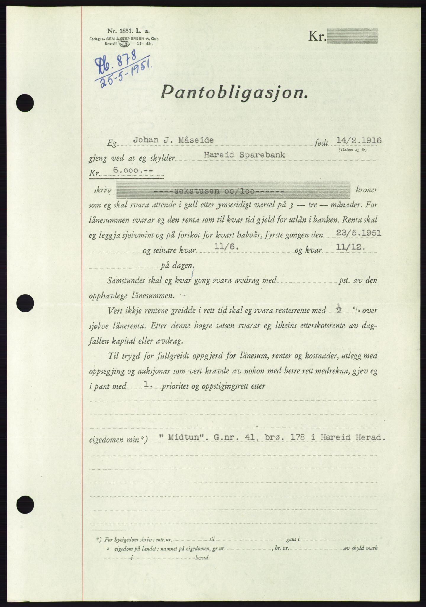 Søre Sunnmøre sorenskriveri, AV/SAT-A-4122/1/2/2C/L0120: Pantebok nr. 8B, 1951-1951, Dagboknr: 878/1951