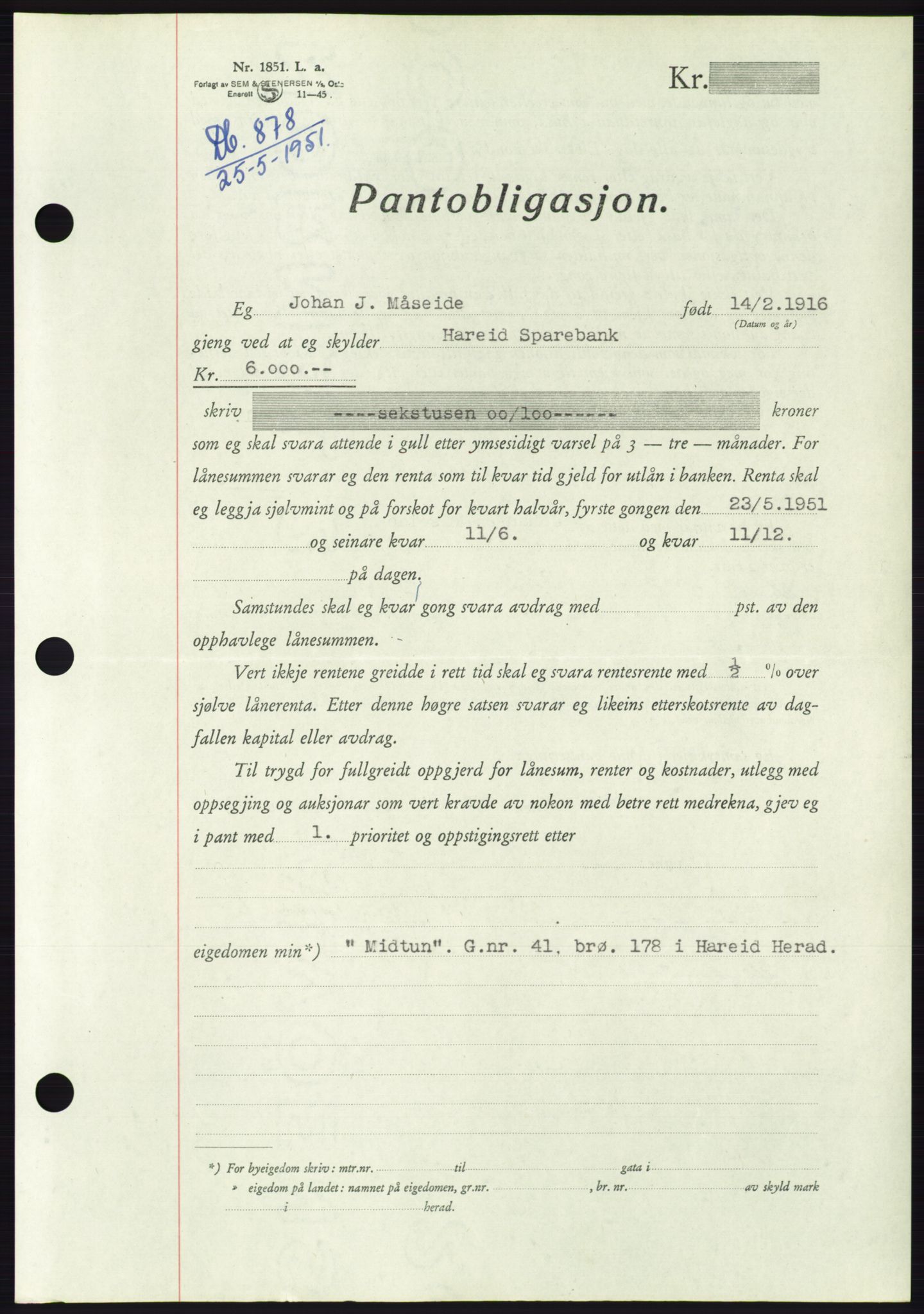 Søre Sunnmøre sorenskriveri, SAT/A-4122/1/2/2C/L0120: Pantebok nr. 8B, 1951-1951, Dagboknr: 878/1951