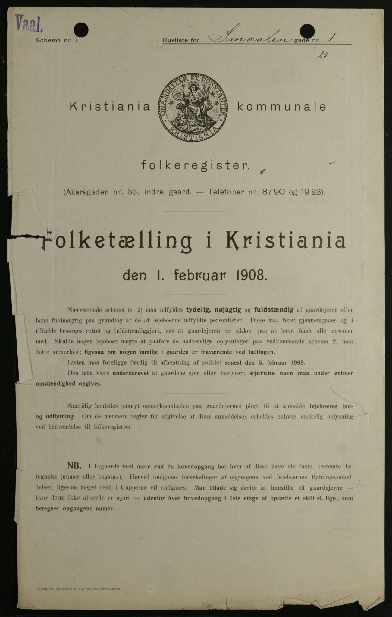 OBA, Kommunal folketelling 1.2.1908 for Kristiania kjøpstad, 1908, s. 87908
