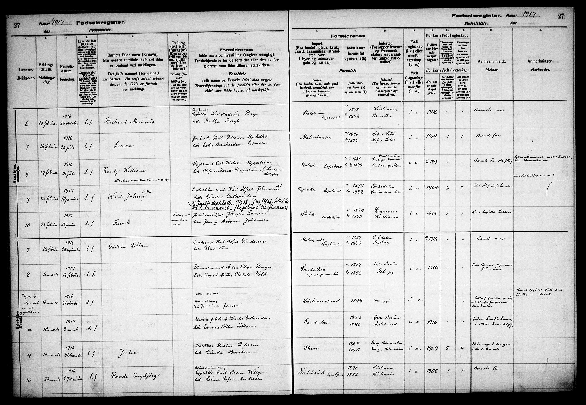 Østre Bærum prestekontor Kirkebøker, AV/SAO-A-10887/J/Ja/L0001: Fødselsregister nr. 1, 1916-1922, s. 27