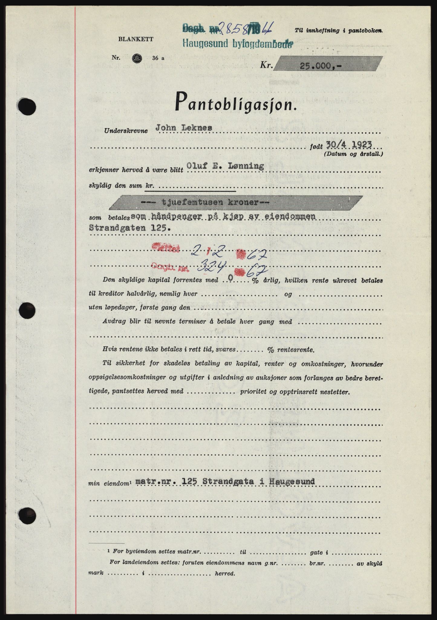 Haugesund tingrett, SAST/A-101415/01/II/IIC/L0056: Pantebok nr. B 56, 1966-1967, Dagboknr: 2858/1966