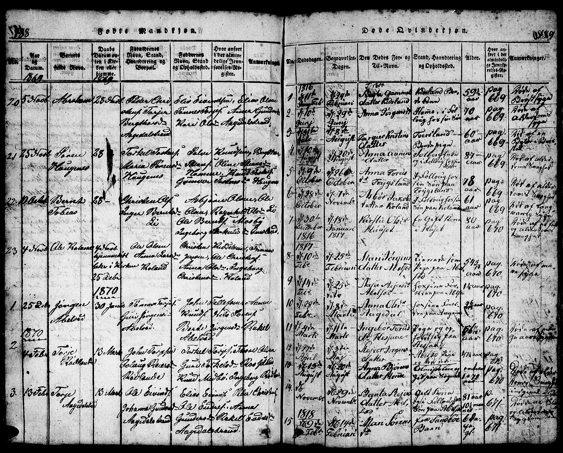 Bjelland sokneprestkontor, AV/SAK-1111-0005/F/Fb/Fba/L0003: Klokkerbok nr. B 3, 1816-1870, s. 188-189