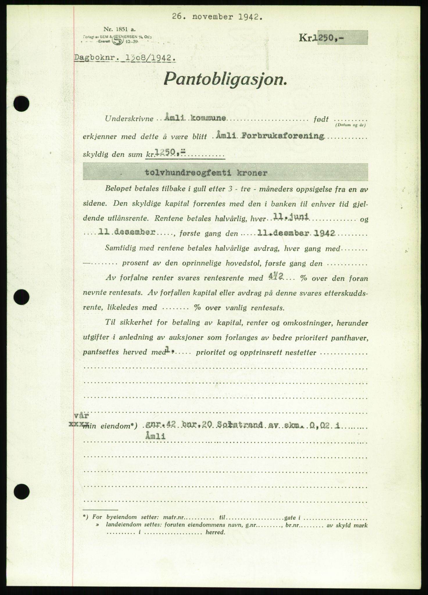 Nedenes sorenskriveri, SAK/1221-0006/G/Gb/Gbb/L0002: Pantebok nr. II, 1942-1945, Dagboknr: 1308/1942