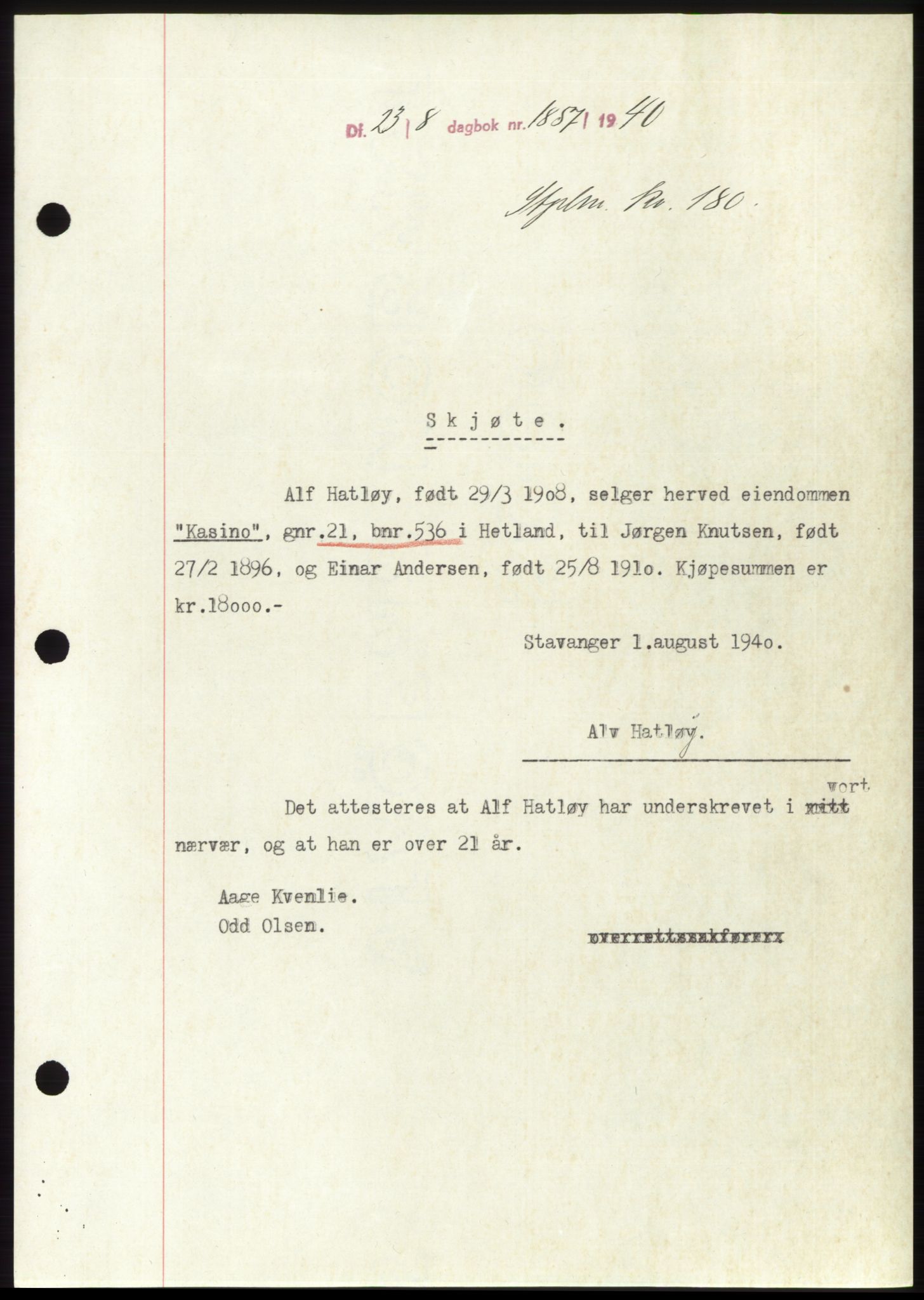 Jæren sorenskriveri, SAST/A-100310/03/G/Gba/L0078: Pantebok, 1940-1940, Dagboknr: 1857/1940