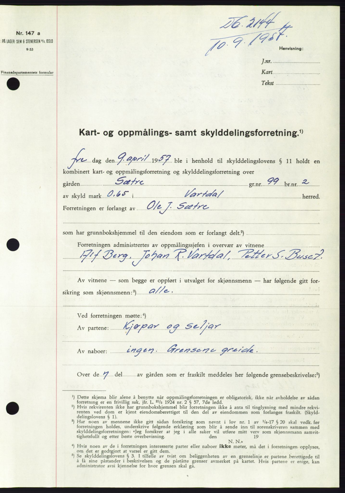 Søre Sunnmøre sorenskriveri, SAT/A-4122/1/2/2C/L0107: Pantebok nr. 33A, 1957-1957, Dagboknr: 2144/1957